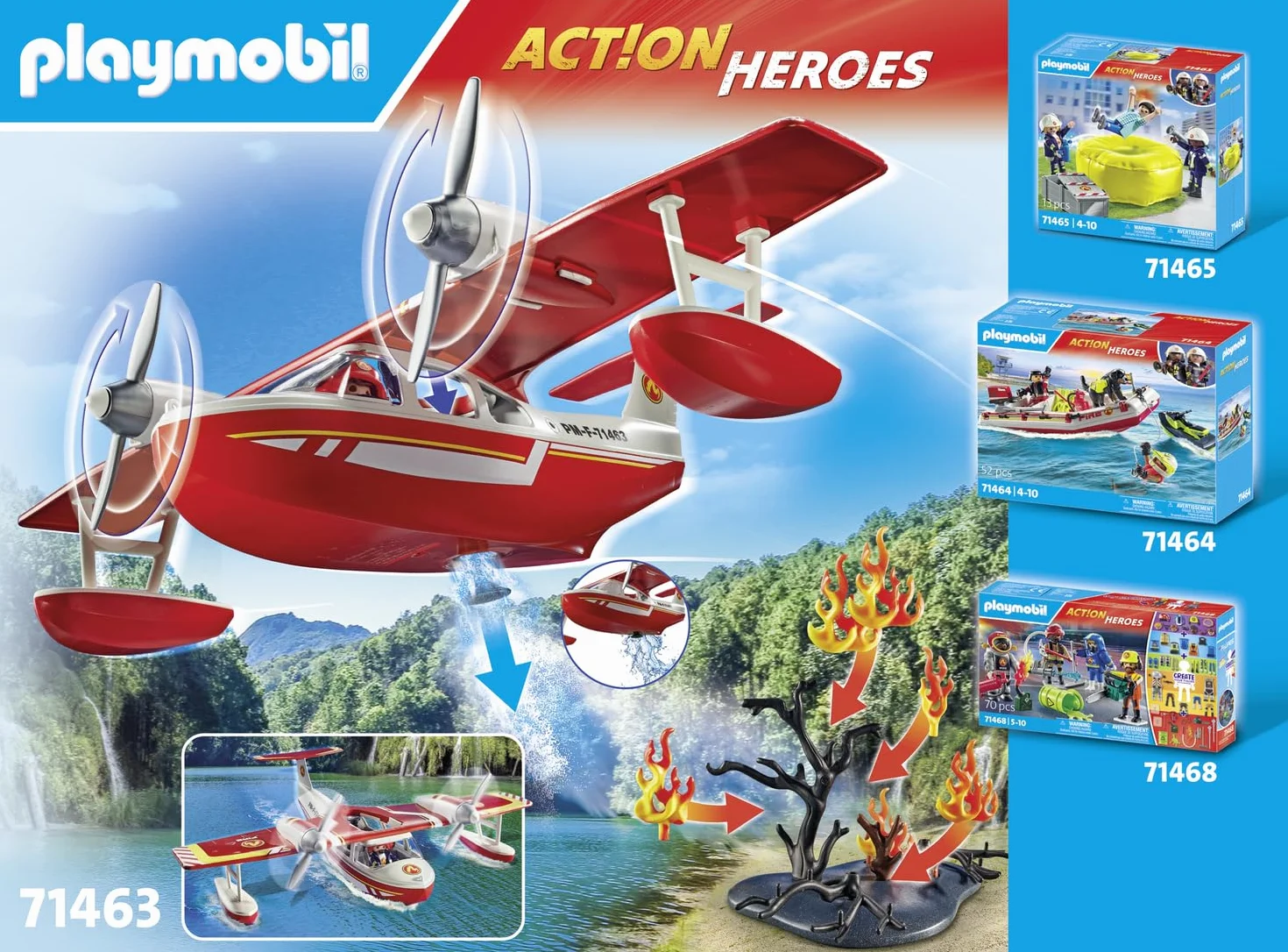 Playmobil 71463 Hydravion Pompier Action Heroes Avion Anti-Incendie avec Fonction d'extinction Dès 4 Ans