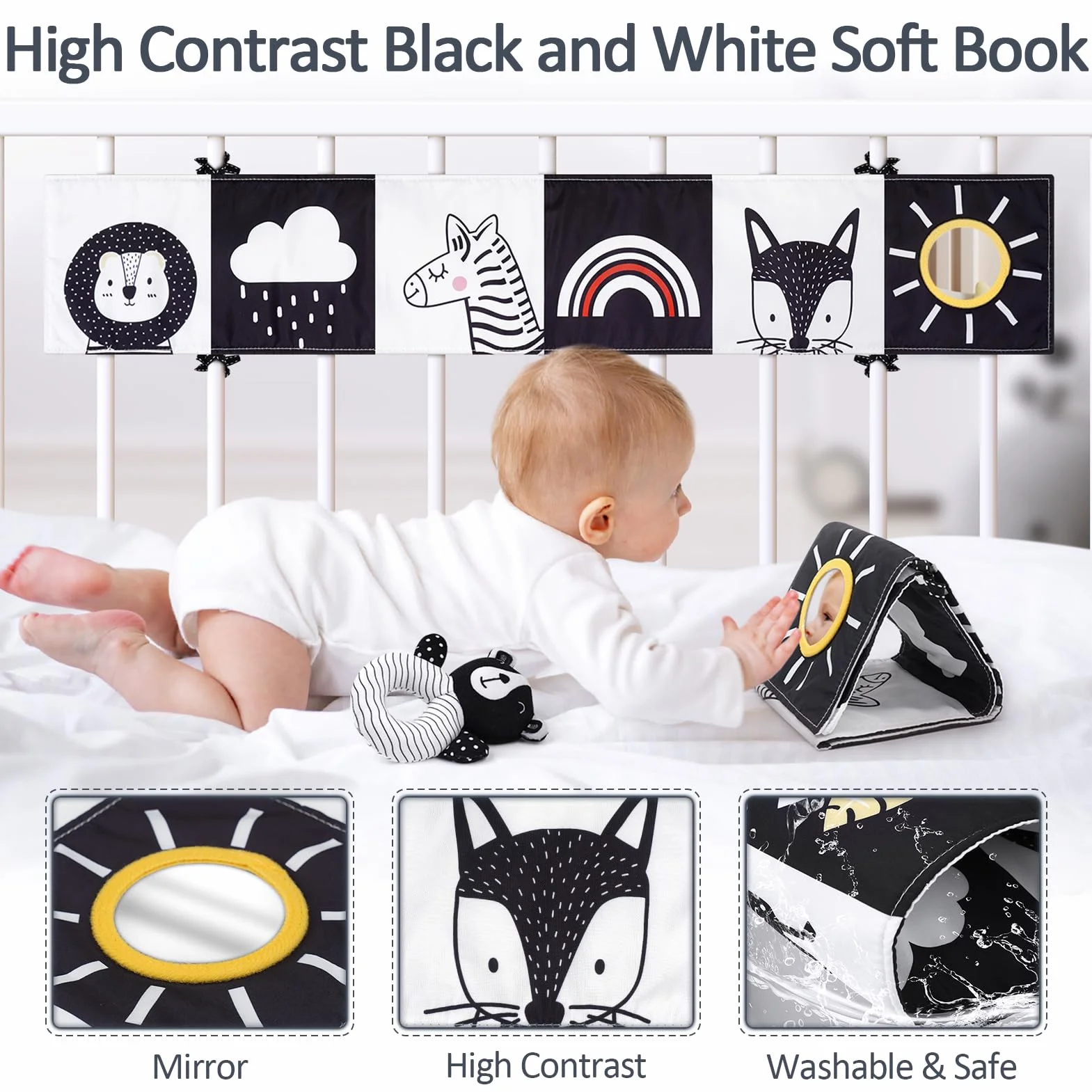 Joyreal Spirale d'Activité Bébé - Jouet Sensoriel Montessori Noir et Blanc pour Poussette Fille Garçon Cadeau Naissance