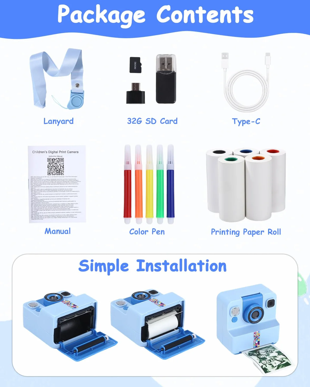 Appareil Photo Instantané Enfant 2.4" Écran 1080P Selfie Carte 32 Go Bleu