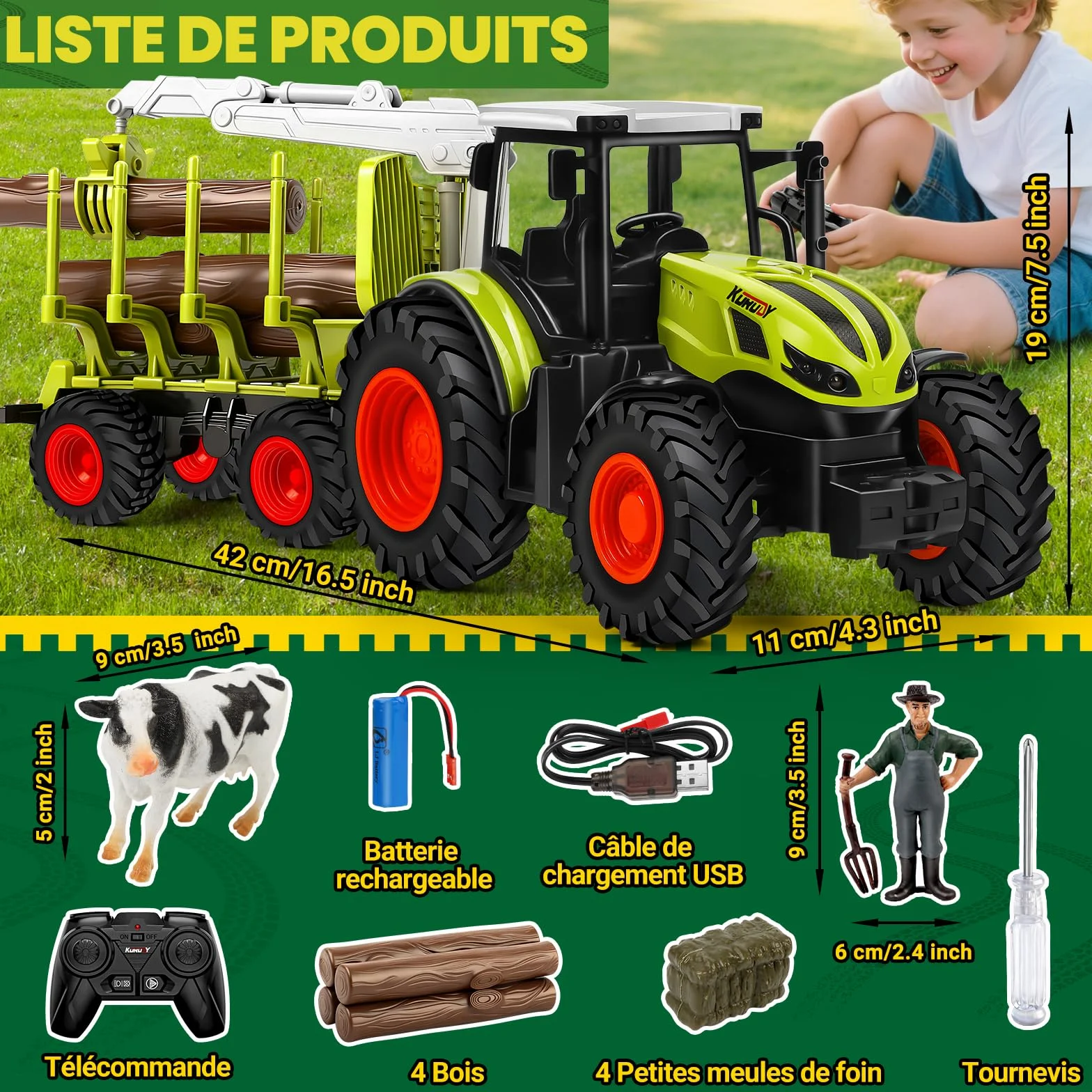 BuzzoXerex Tracteur Télécommandé Enfant avec Remorque Vache Jouet Ferme 3 4 5 Ans