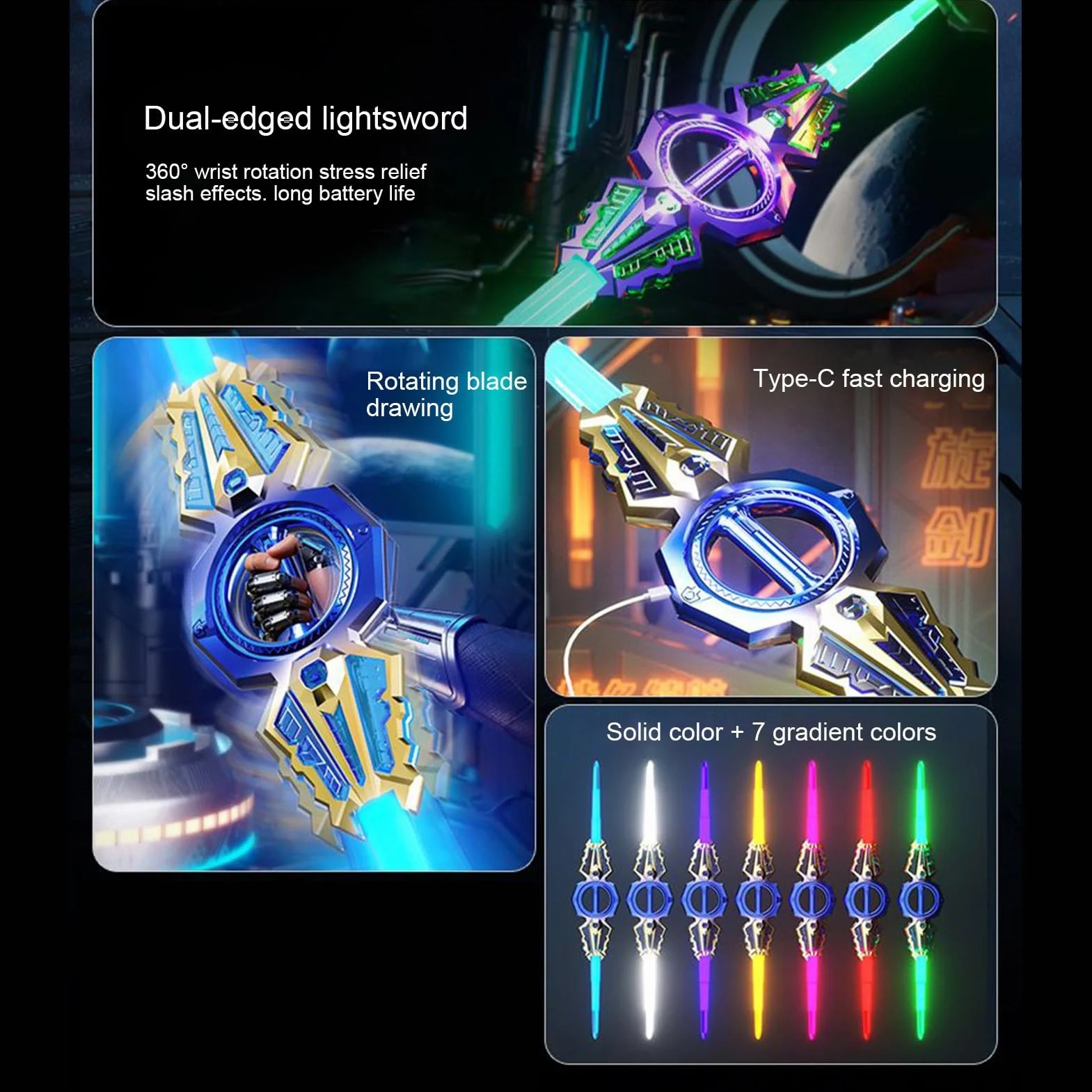 Sabre Laser Rétractable avec Effets Sonores LED, Épée Double Tranchant Rechargeable Jouet Rotatif