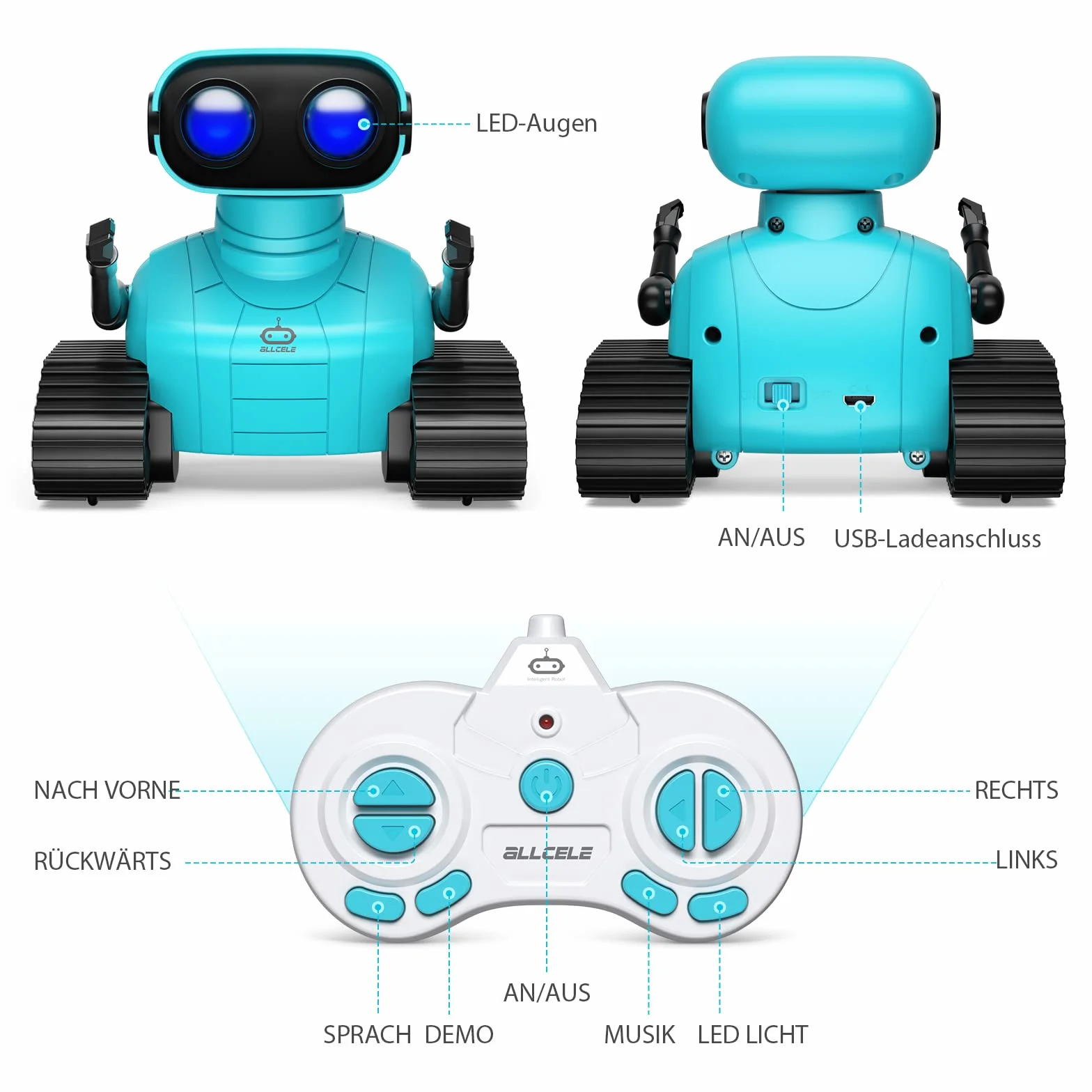 ALLCELE Robot Enfant Jouet Télécommandé Rechargeable avec Yeux LED Musique Sons pour Garçons Filles 3-8 Ans Cadeau Anniversaire Bleu