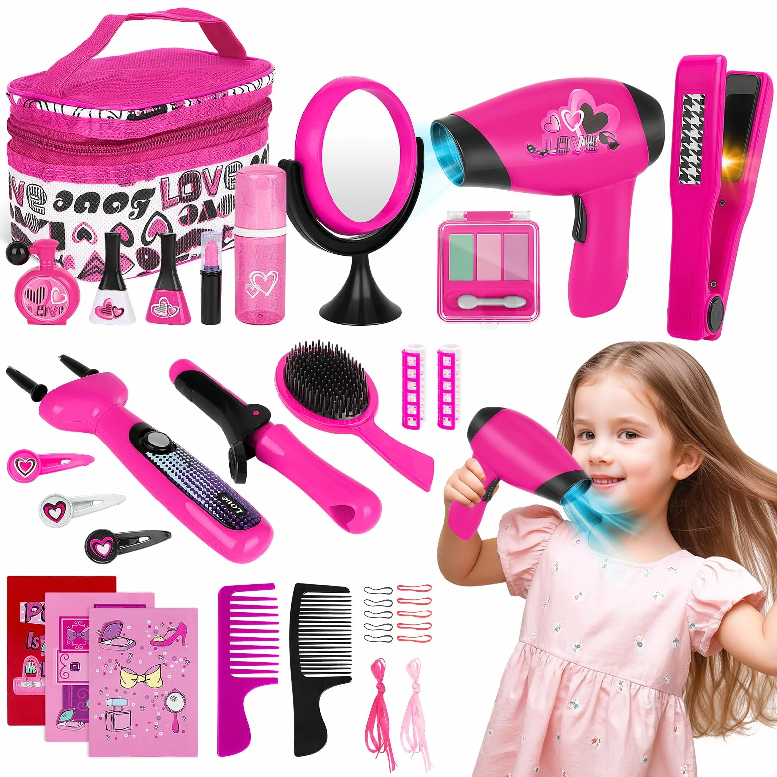 deAO Style et Coiffure Jeu de Beauté et Mode Ensemble d'Accessoires avec Maquillage Artificiel Sèche-cheveux et Machine à Tresser