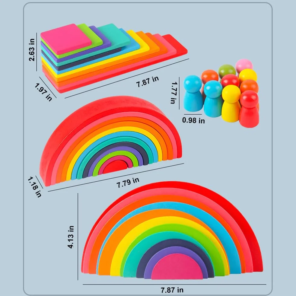 Kiuiom Arc en Ciel Bois Montessori Jouet Bloc De Construction 4 Pièces pour Enfants