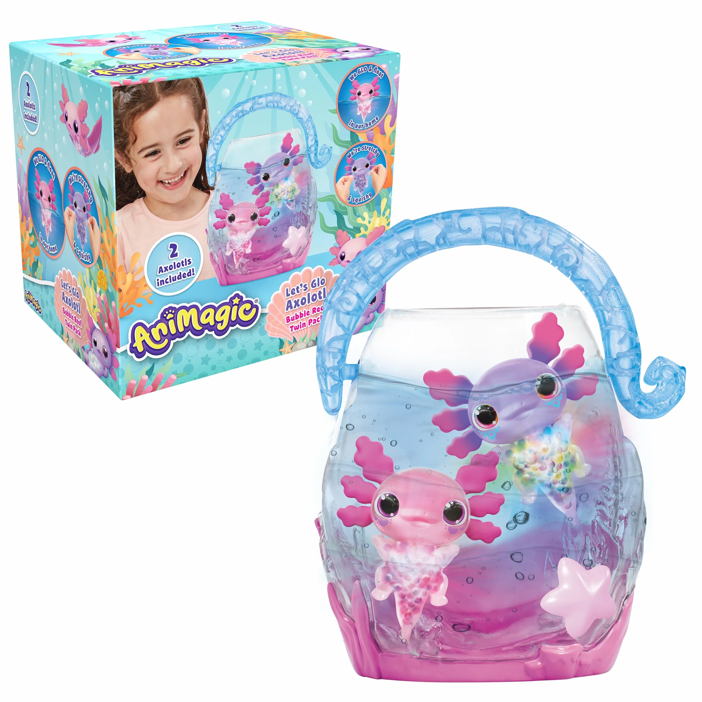 ANIMAGIC Let's Glo Axolotl Pack Bubble Reef Aquarium Interactif + 2 Axolotls Rose & Violet - Compagnons Électroniques & Lumineux - Flotte & Brille - Jeu Sensoriel Tactile pour Enfants dès 4 Ans