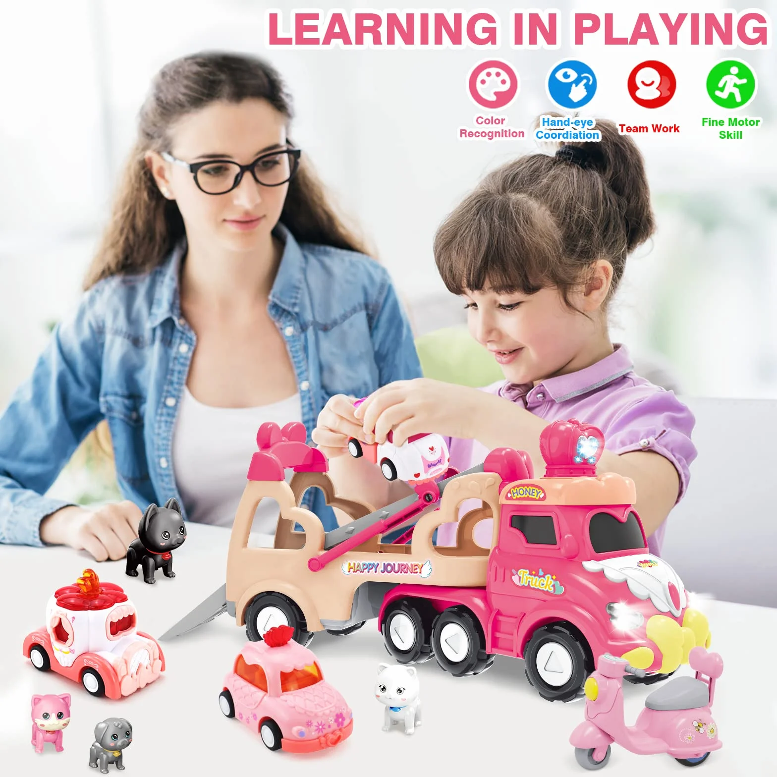 Camion Jouet 9 en 1 avec Sons et Lumières, Transporteur de Voitures Cadeau Anniversaire pour Garçons Filles 2-4 Ans