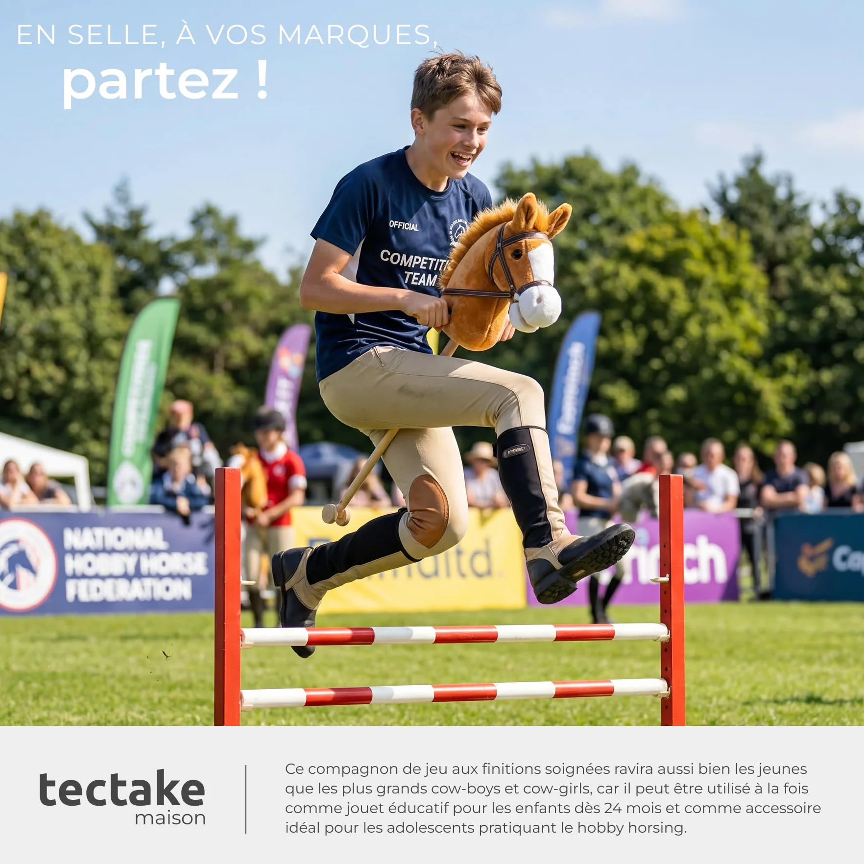 Tectake Hobby Horse 103 cm, Cheval Bâton à partir de 24 Mois, Poignées Latérales et Roulettes, Peluche Douce