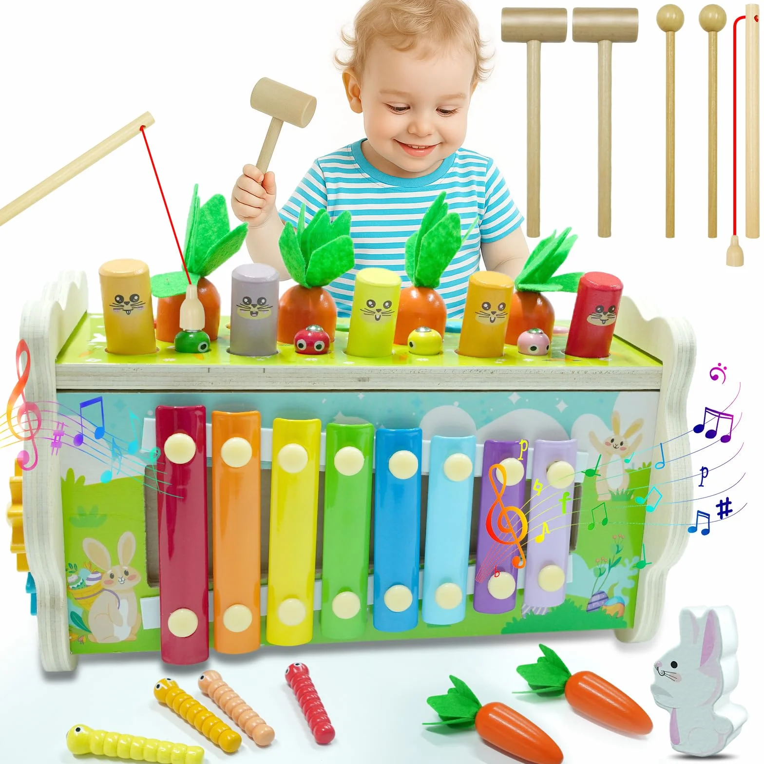 Jouet Montessori 1 an Jeux en Bois Educatif Enfant 12 Mois 1 2 3 Ans Xylophone Marteau Cueillir Les Navets 8 en 1 Activité Cadeau
