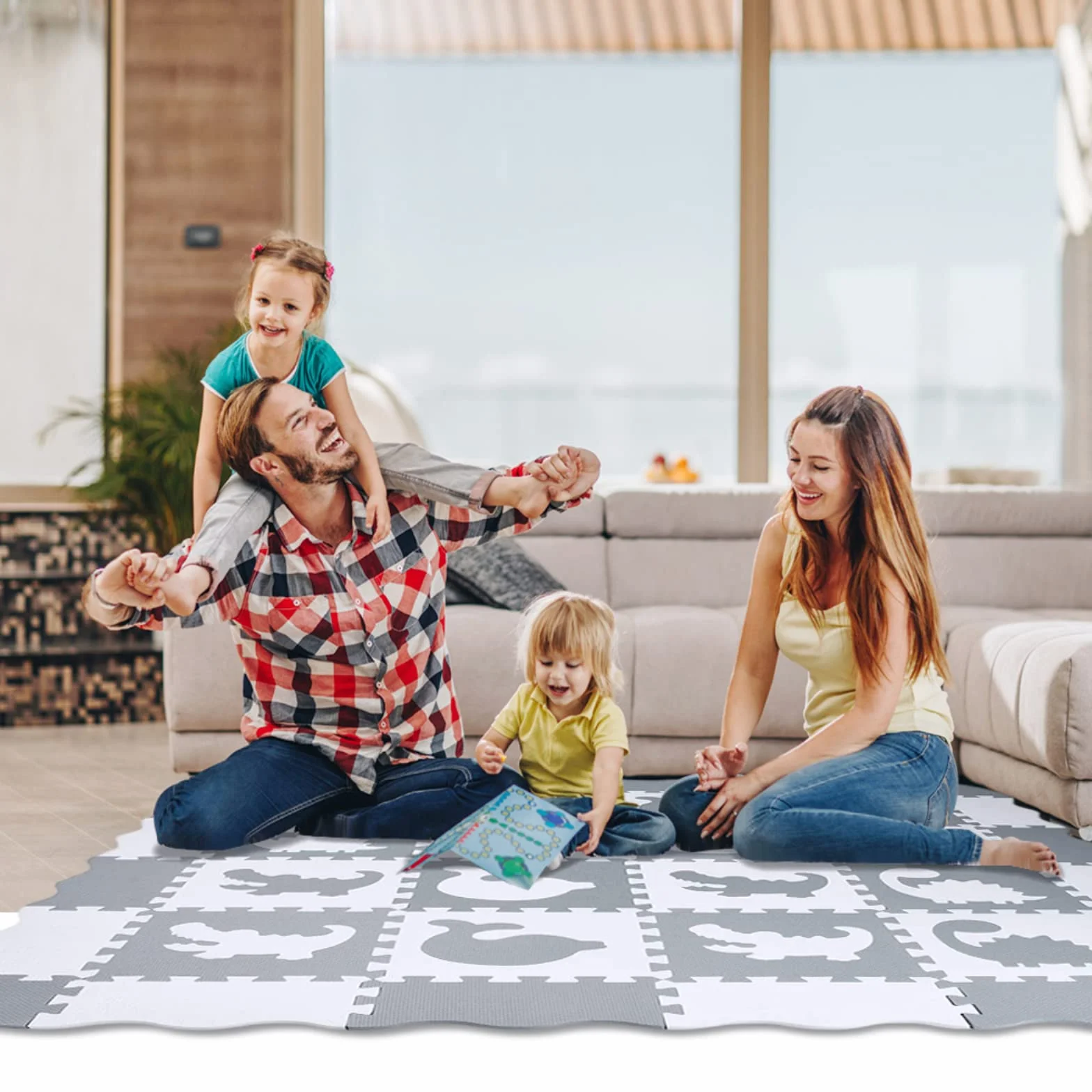 Tapis de Jeu en Mousse avec Bordure, Carreaux de Sol Emboîtables pour Enfants, 16 Pièces Blanc Gris Foncé