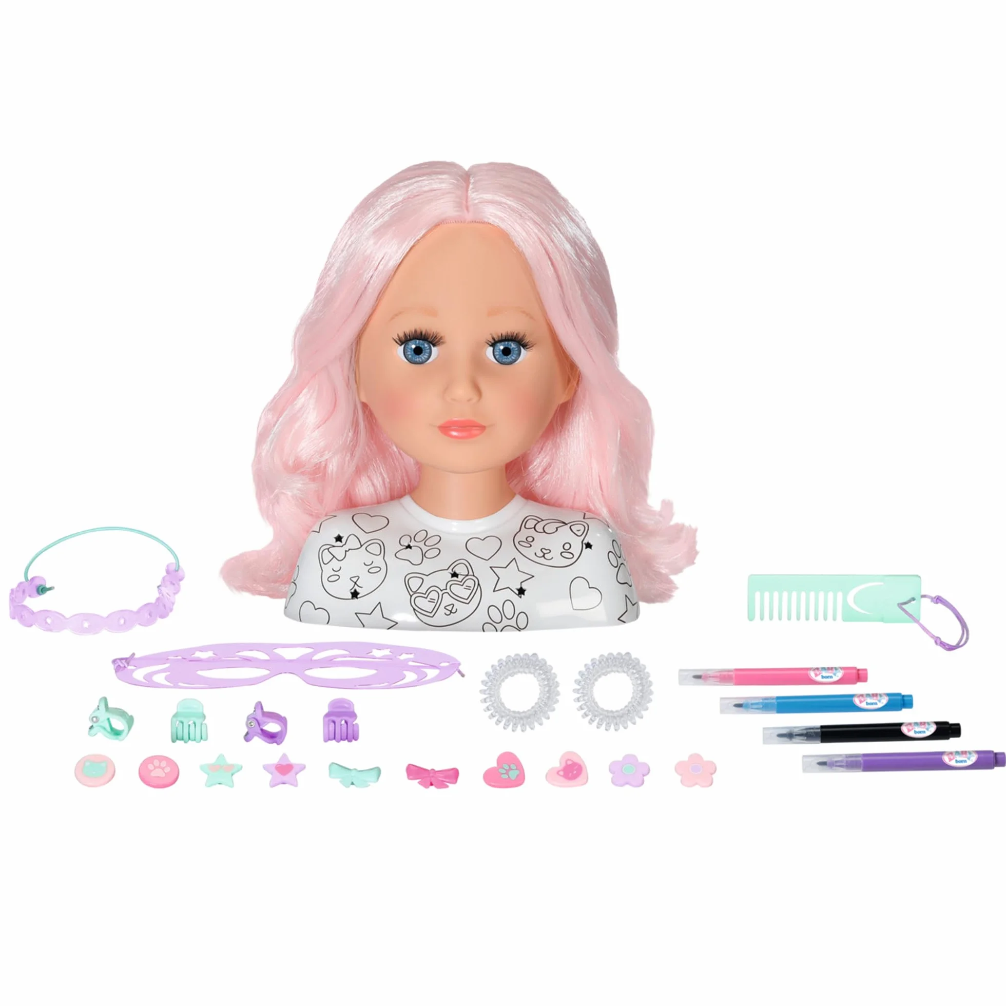 BABY born Tête de Coiffure Créative pour Enfants 3 Ans - Poupée Maquillage Cheveux Roses avec Marqueurs & Accessoires