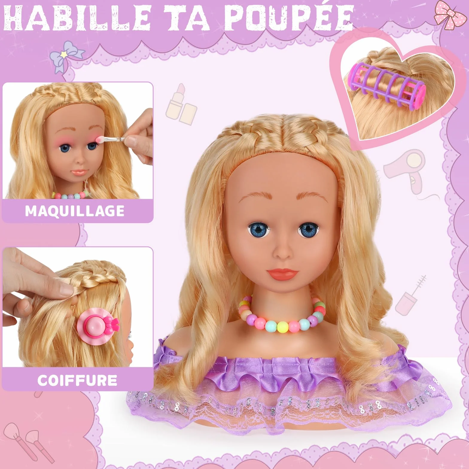Têtes à Coiffer Enfant 66 Pièces Jouet de Maquillage et de Coiffure Cadeau Anniversaire Noël 3 Ans