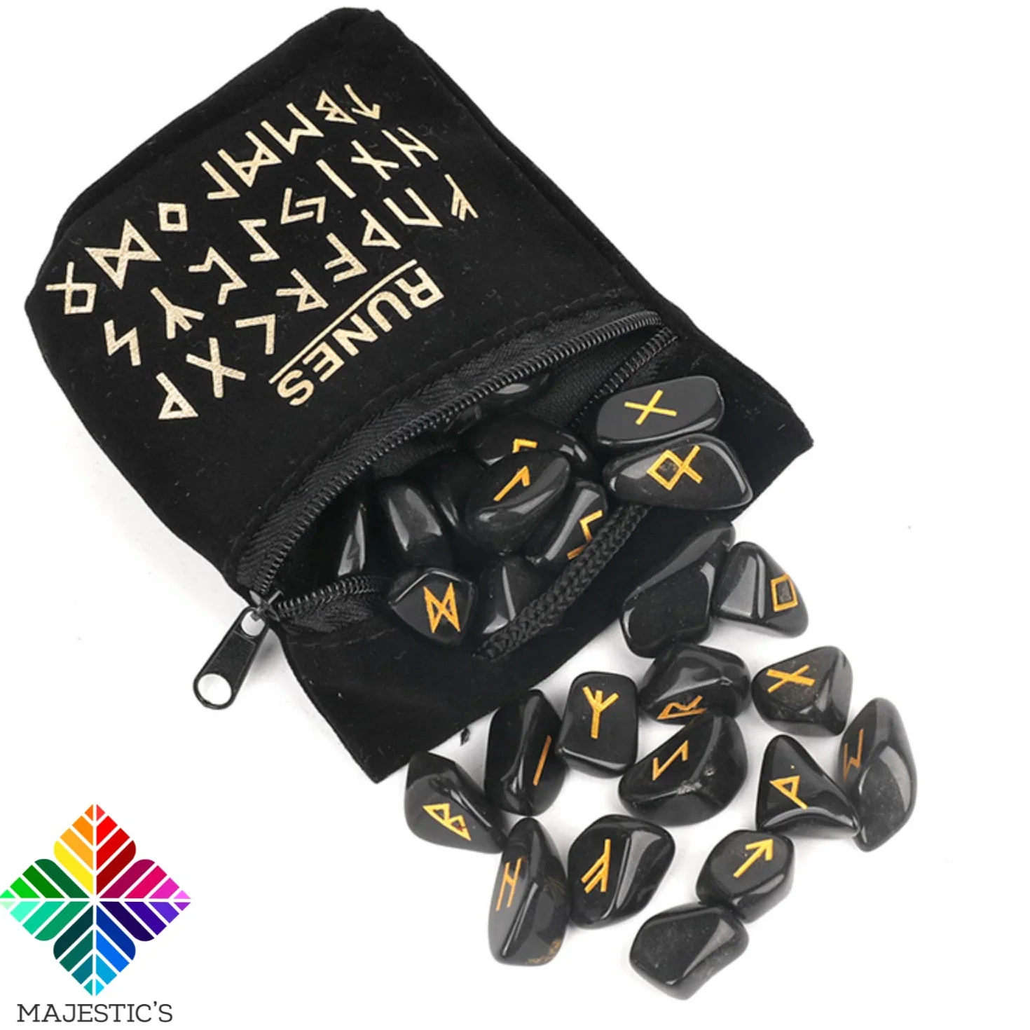 Runes Divinatoires VIKINGS - Pack de 25 Pierres Naturelles d’OBSIDIENNE NOIRE Gravées (2cm x 1cm) + Sac Noir - Alphabet Runique Futhark pour Divination