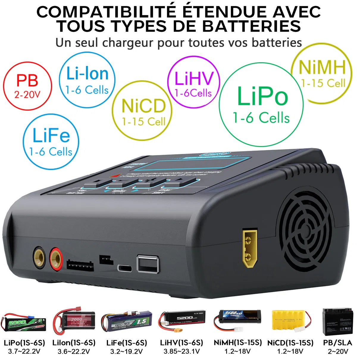 HTRC C150 Chargeur Lipo 150W 10A – Chargeur Batterie Lipo et Équilibreur pour LiHV/LiPo/Li-ION/Life (1-6S), NiMH/NiCd (1-15S), PB (2-20V) – Entrée AC/DC, Écran LCD, 20 Mémoires