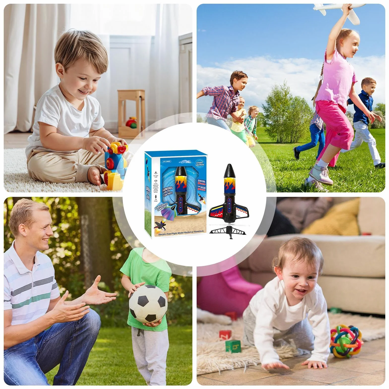 Kids Rocket Toy Launching Rocket with Parachute ABS Material LED Light Educational Science Outdoor Fun 18.3x9x24cm