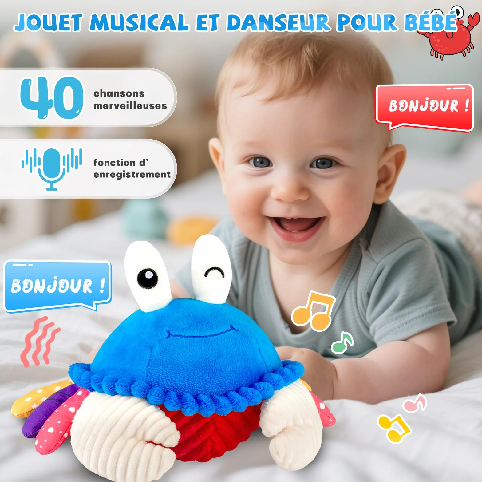 SAIMAND Jouet Bébé 6-18 Mois Peluche Crabe Musicale Interactive avec Enregistrement Jeu Sensoriel Cadeau Garçon Fille 1 2 3 Ans Bleu