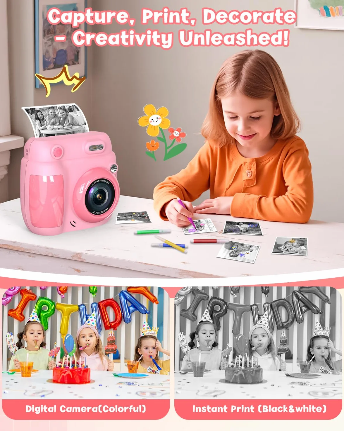Gofunly Appareil Photo Instantané Enfant 2,4 Pouces Caméra Vidéo Numérique 1080P 32GB Carte 3 Rouleaux Papier Cadeau Noël Anniversaire Garçons Filles 3-12 Ans Rose