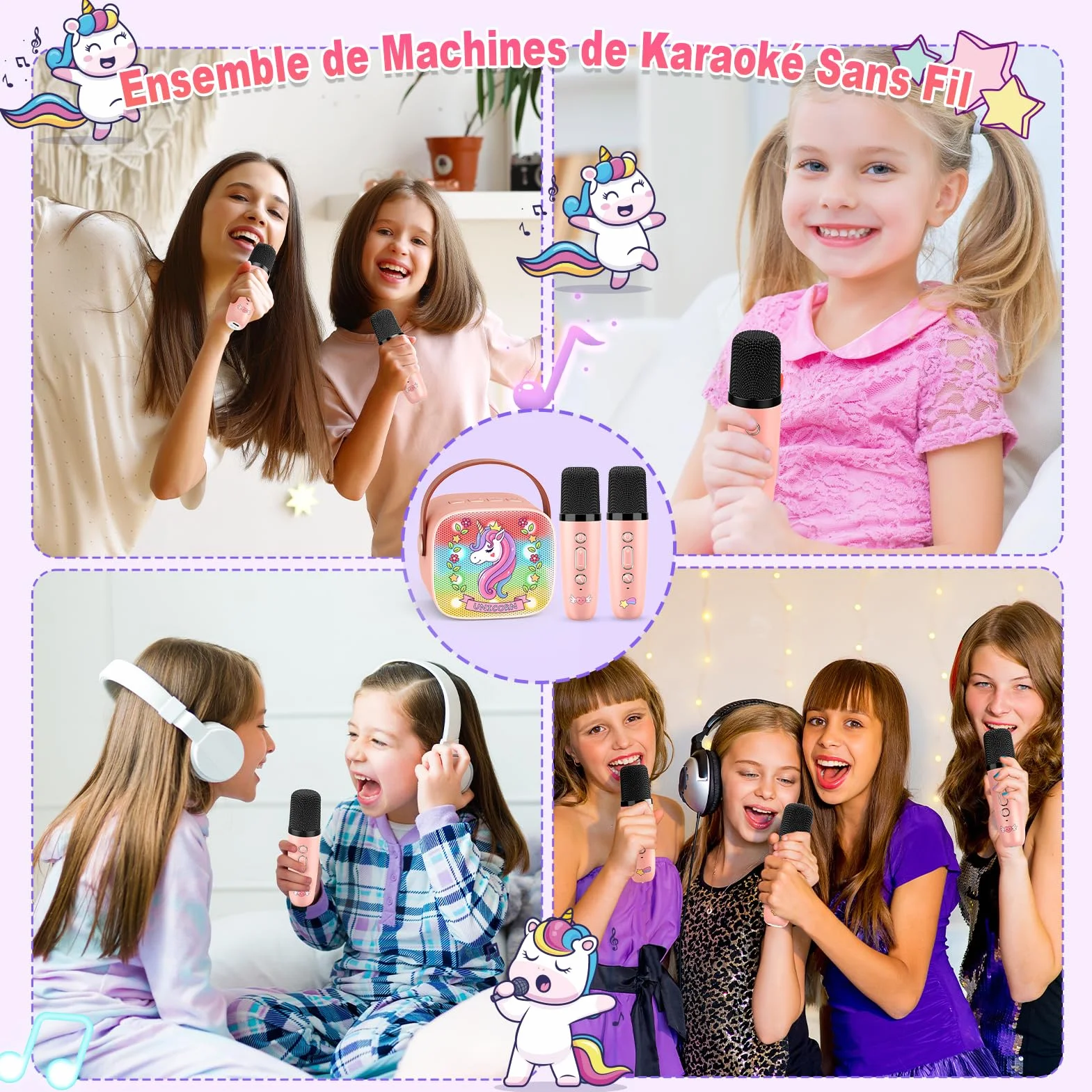 Micro Karaoke Enfant avec 2 Micros sans Fil Bluetooth, Cadeau Fille 3-12 Ans, Jouet Licorne