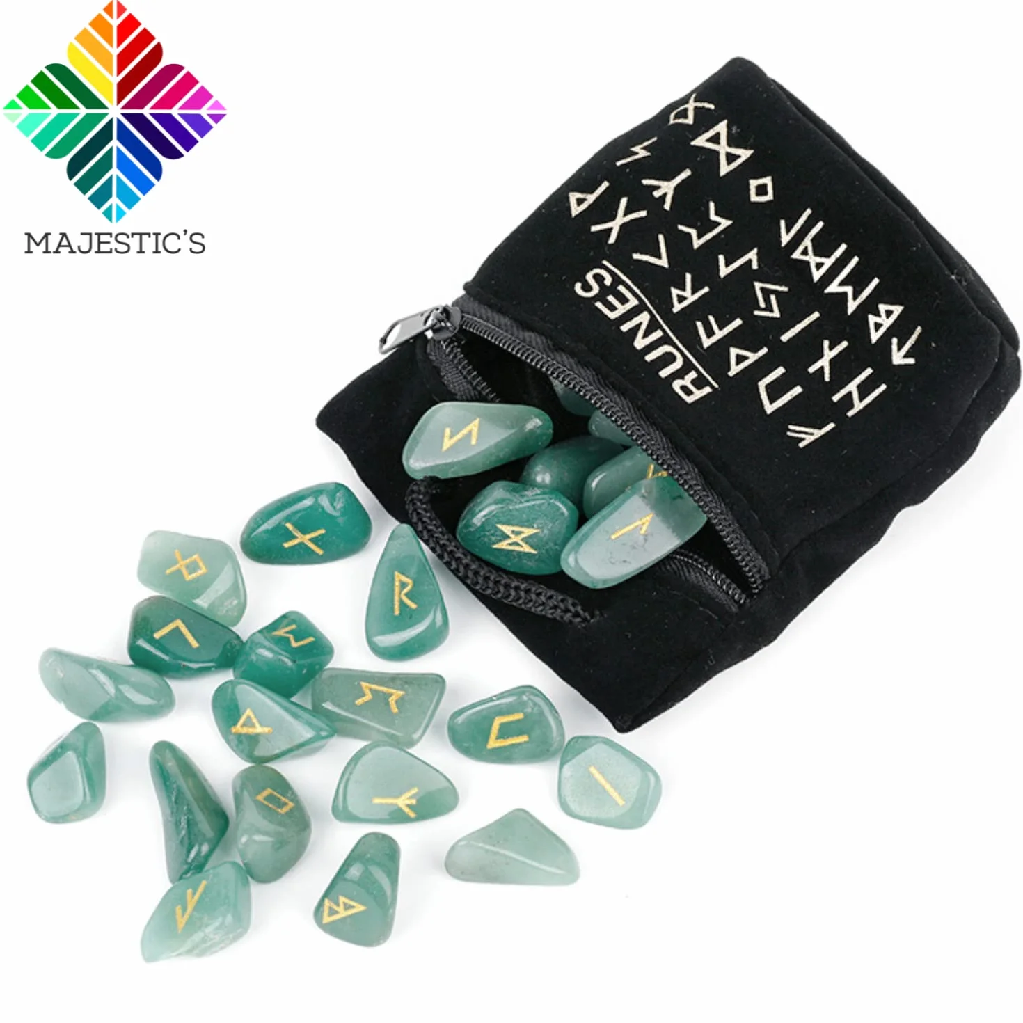Runes Divinatoires Vikings - Pack de 25 Pierres Naturelles Aventurine Verte Gravées 2cm x 1cm avec Sac Noir et Ebook PDF - Alphabet Runique Futhark pour Divination