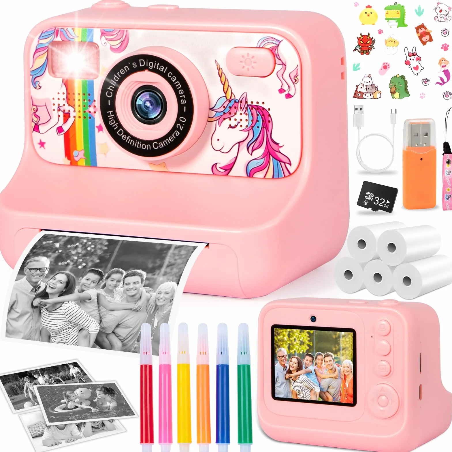 Appareil Photo Instantané Enfant 1080P Numérique avec Carte 32GB, 2.4 Pouces, Cadeau Filles Garçons 3-12 Ans