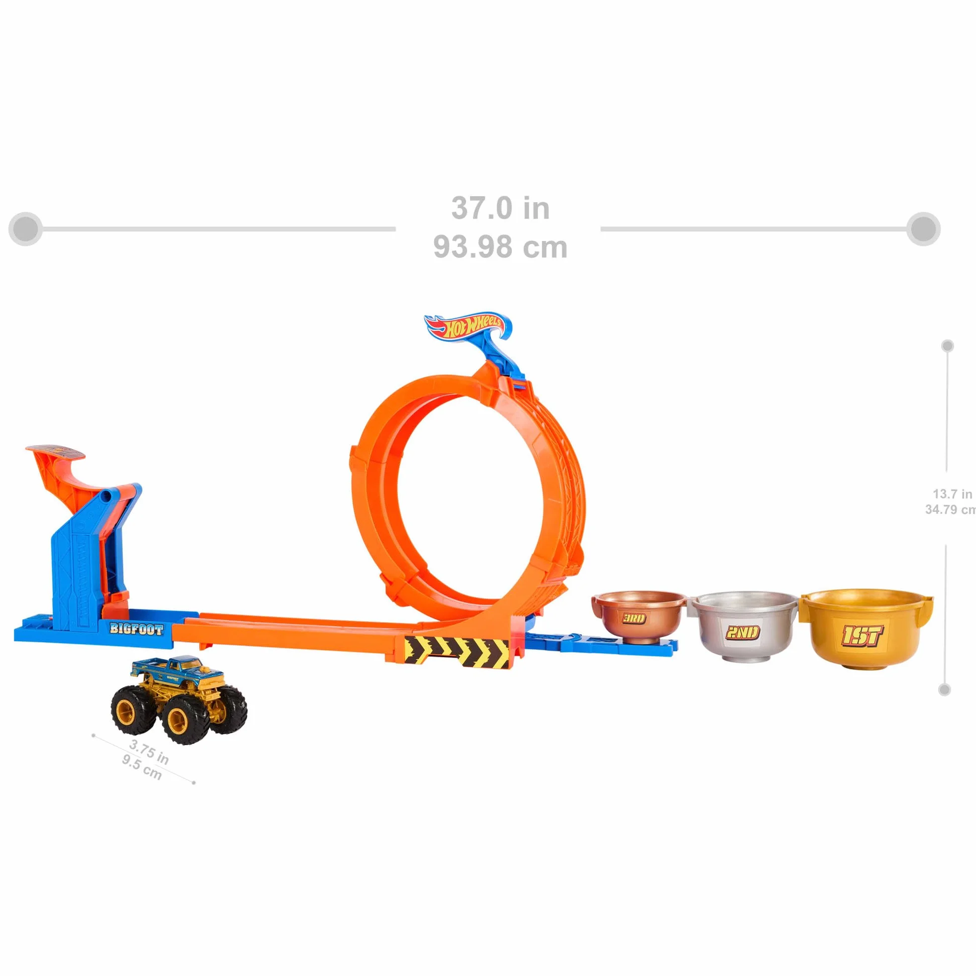 Hot Wheels Monster Trucks Défi du Trophée Tournez-et-Renversez Coffret Bigfoot 50ème anniversaire métal échelle 1/64, 2 façons de jouer, JBX64