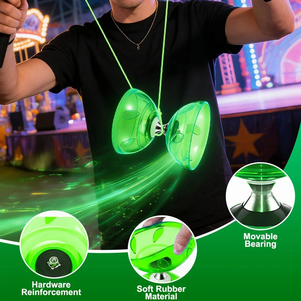 Kit de Jonglerie Diabolo avec Roulement à Billes et Lumière LED, Caoutchouc Souple Transparent, Vert