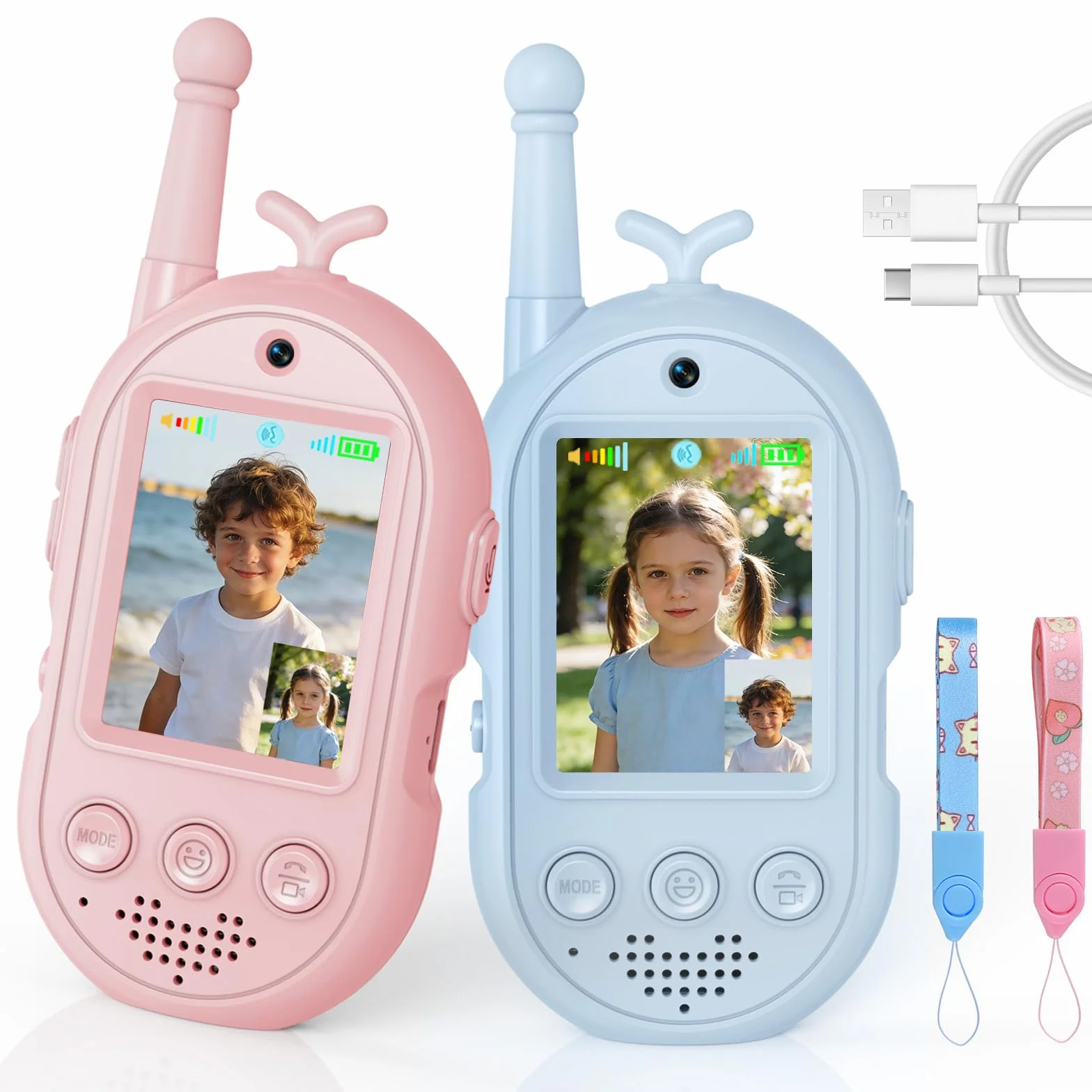 Talkie Walkie Enfants avec Vidéo, 2 Talkies Walkies Rechargeables, Communication Radio Bidirectionnelle, Cadeau 3-12 Ans (Rose + Bleu)