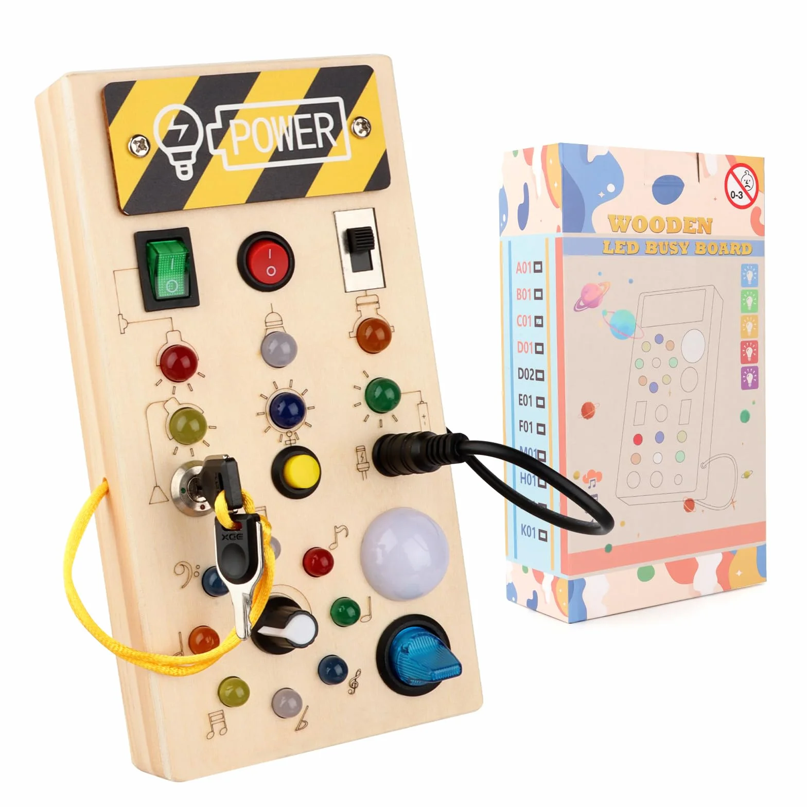 Talifoca Montessori Busy Board 1 an, Planche d'activité en bois avec 8 interrupteurs LED, jouet d'apprentissage sensoriel