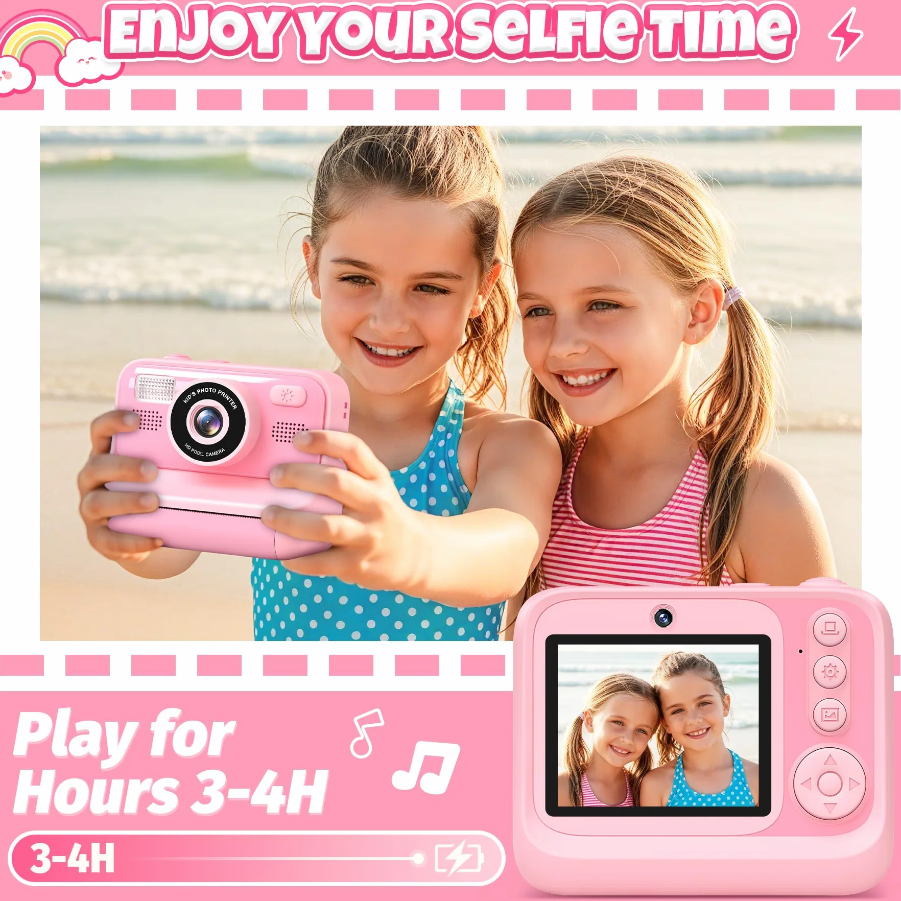 Appareil Photo Instantané Enfants 2.4" Écran Selfie avec Carte 32GB et 3 Rouleaux Papier, Jouet Cadeau Noël Fille Garçon 3-12 Ans Rose