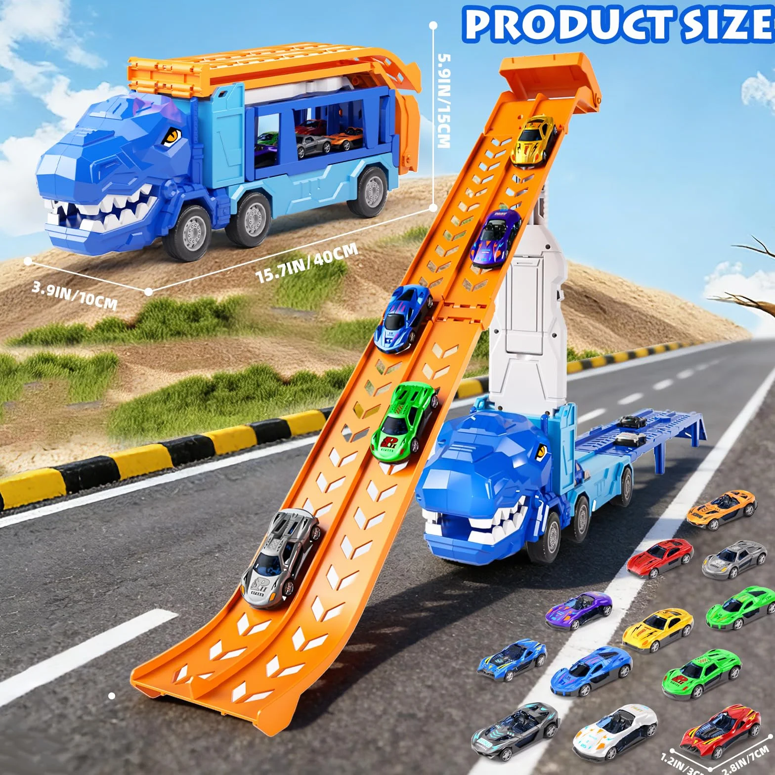 Jouet de camion dinosaure avec grue et 12 mini voitures course pour enfants 3-5 ans