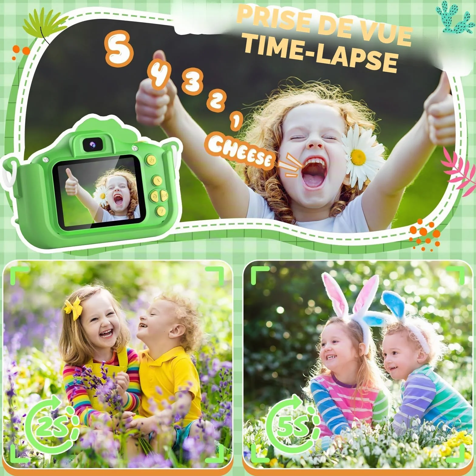 Appareil Photo Enfant 48MP 1080P HD Vidéo Rechargeable Caméscope 3-12 Ans avec 32G Carte SD et Étui Silicone