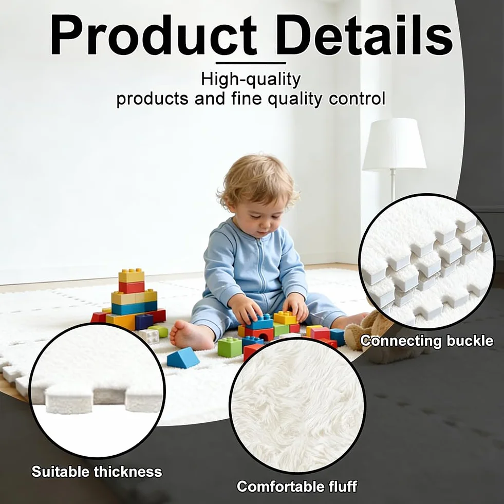 Tapis d'escalade en peluche blanche 30x30 cm 12 pièces emboîtables mousse puzzle sol salon chambre