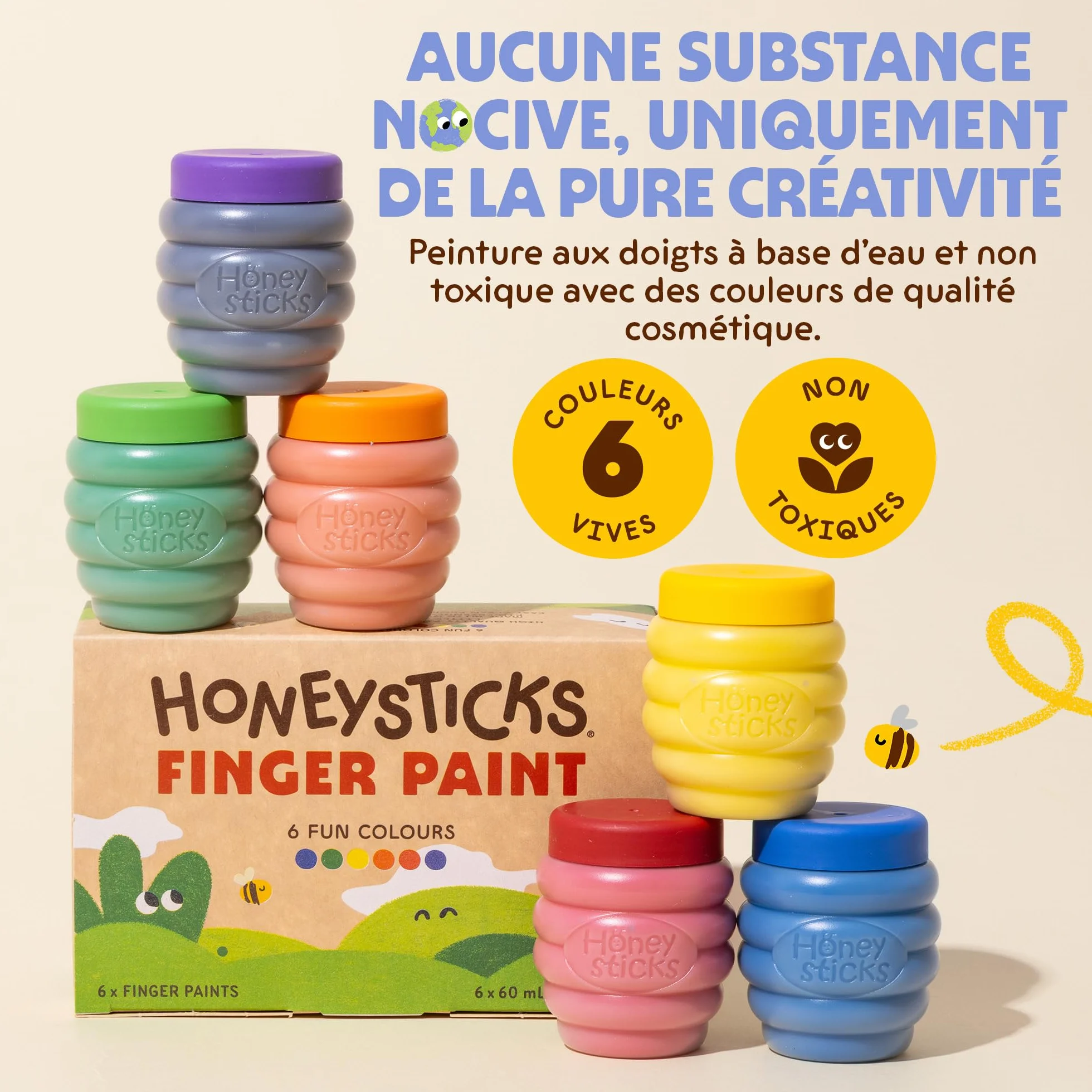 Honeysticks Peinture au Doigt 6 Couleurs Vives Lavable Sûre Enfants 1-5 Ans à Base d'Eau Écologique