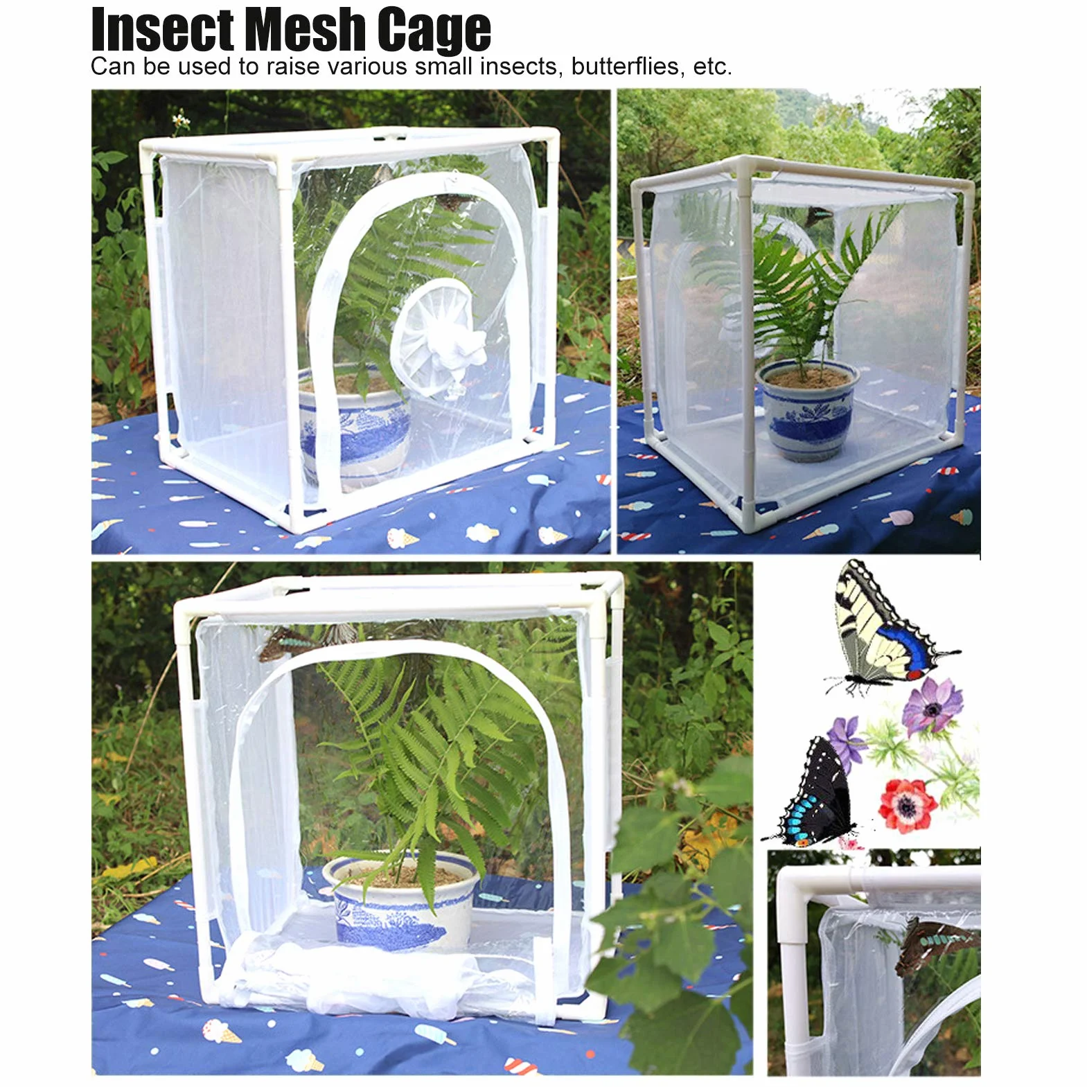 Cage à Insectes pour Papillons avec Maille Effet Serre, Enclos Ventilé Extérieur Terrarium Pop-up 40x30x40cm
