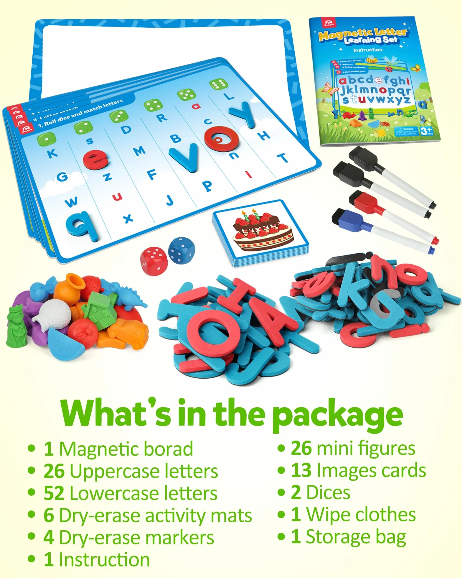 Coogam Preschool Alphabet Learning Playset Jeu de lettres magnétiques reconnaissance de l'abc éducatif avec 6 cartes d'activité jouet autisme manipulateur phonique 3 ans