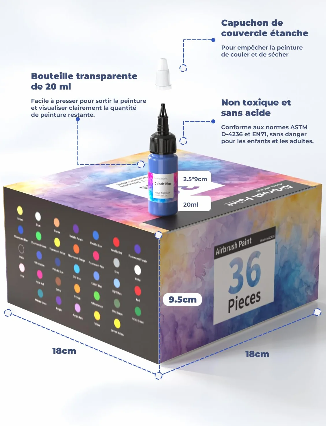 Kit Peinture Aérographe Oasser 36 Pcs 33 Couleurs 20 ml