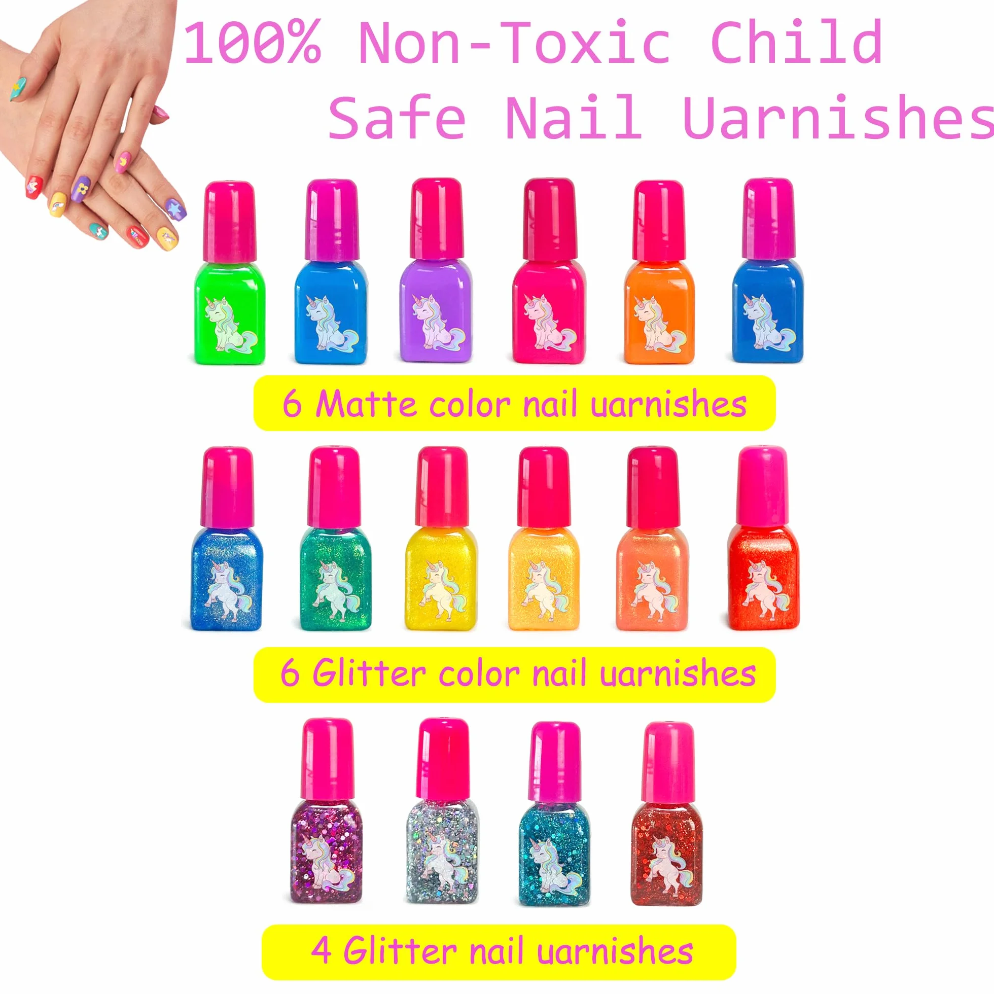 Kit Manucure Enfant Fille Vernis à Ongles Non Toxique Pelable avec Séchoir à Ongles Trousse de Maquillage Jouet Cadeau d'anniversaire 6-11 Ans