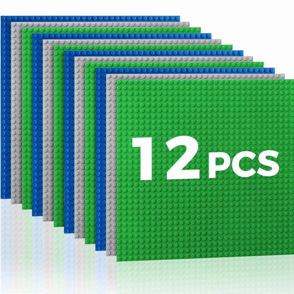 Lot de 12 Plaques de Construction 25x25 cm - Compatible avec la Plupart des Marques - Jouet de Construction pour Enfants - Plaque de Base Grise Verte Bleue