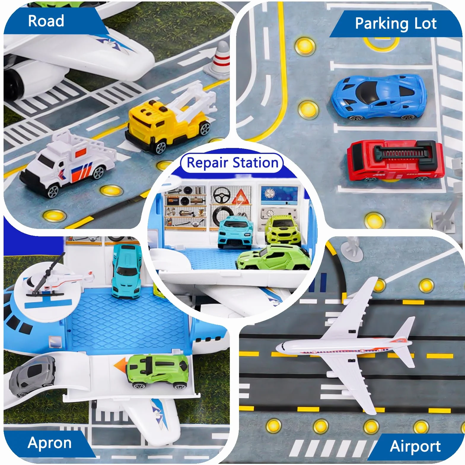 Transport Avion Jouet Voiture Jouet 15 Moyens Transport Panneaux Signalisation Tapis Jeu Hélicoptère Parking Cadeau Enfants 3+
