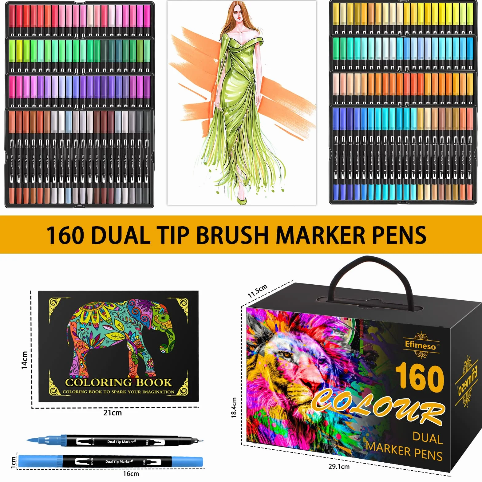 Efimeso Stylo Feutre 160 Feutres Coloriage Adulte, Marqueur Pinceau Double Pointe, Feutre Aquarelle Fineliners Dessin Croquis Livre Coloriage