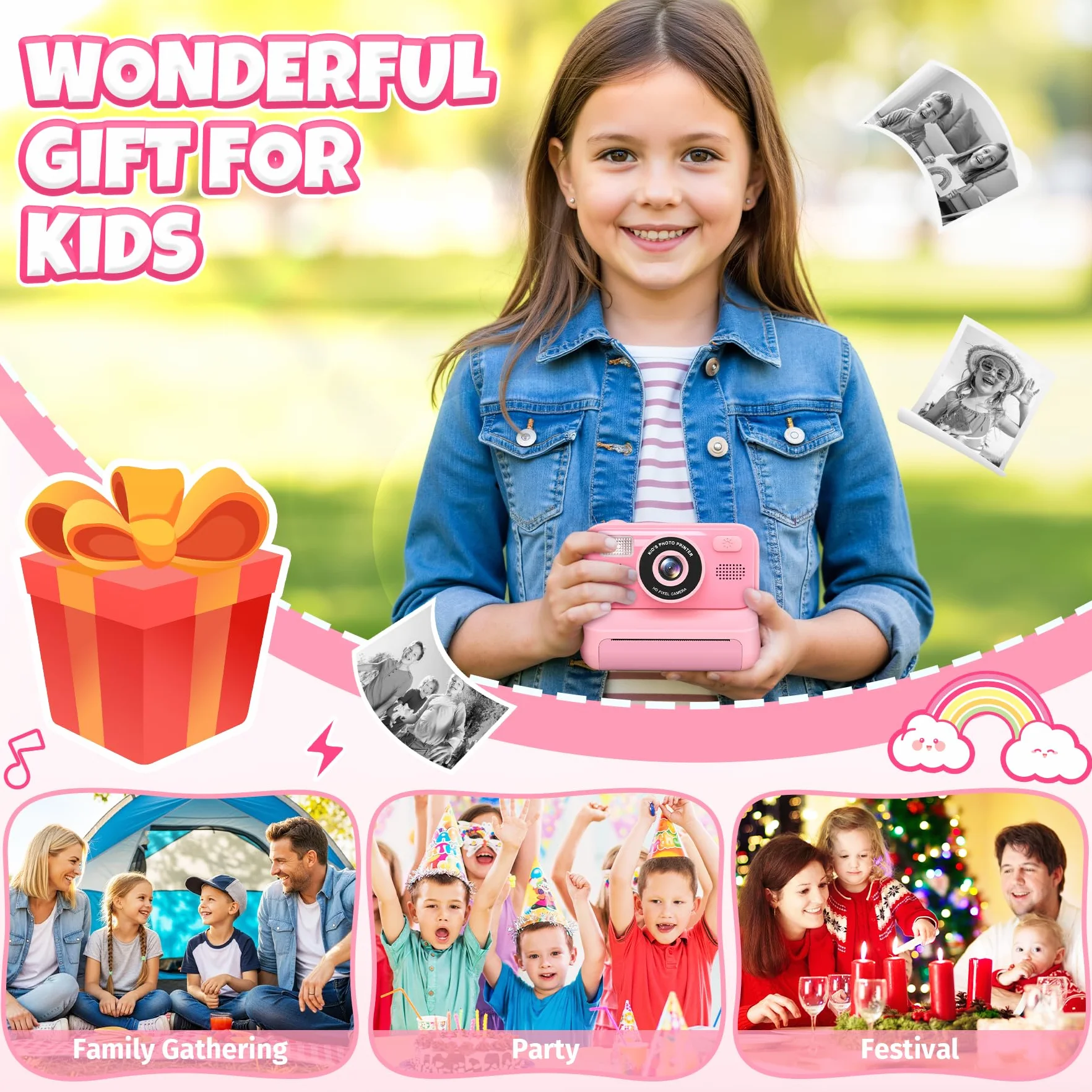 Appareil Photo Instantané Enfants 2.4" Écran Selfie avec Carte 32GB et 3 Rouleaux Papier, Jouet Cadeau Noël Fille Garçon 3-12 Ans Rose