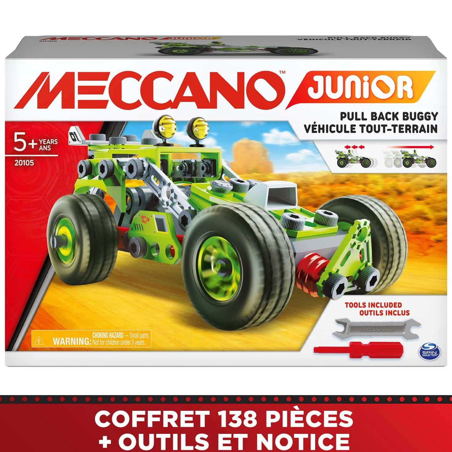 BANDAI Meccano Junior Ma Voiture à Rétro Friction Coffret Construction 138 pièces Moteur rétro-Friction Jouet Enfant 5 Ans+