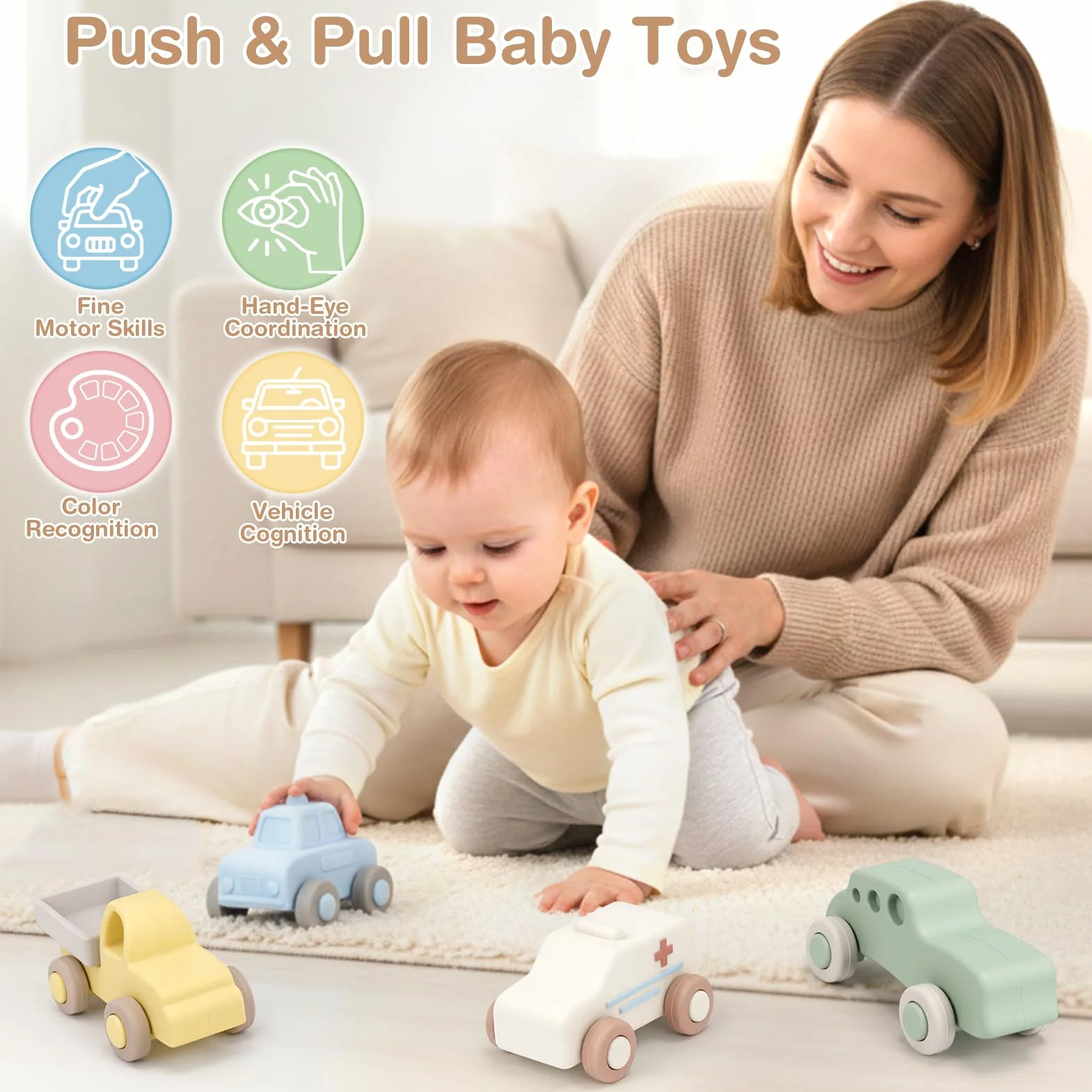 Vanplay Voiture Enfant Jouet Bébé 6 Mois Dentition Jeux Petite Voiture Cadeau Garçon Fille Noël Anniversaire Boîte Rangement 4 Pièces