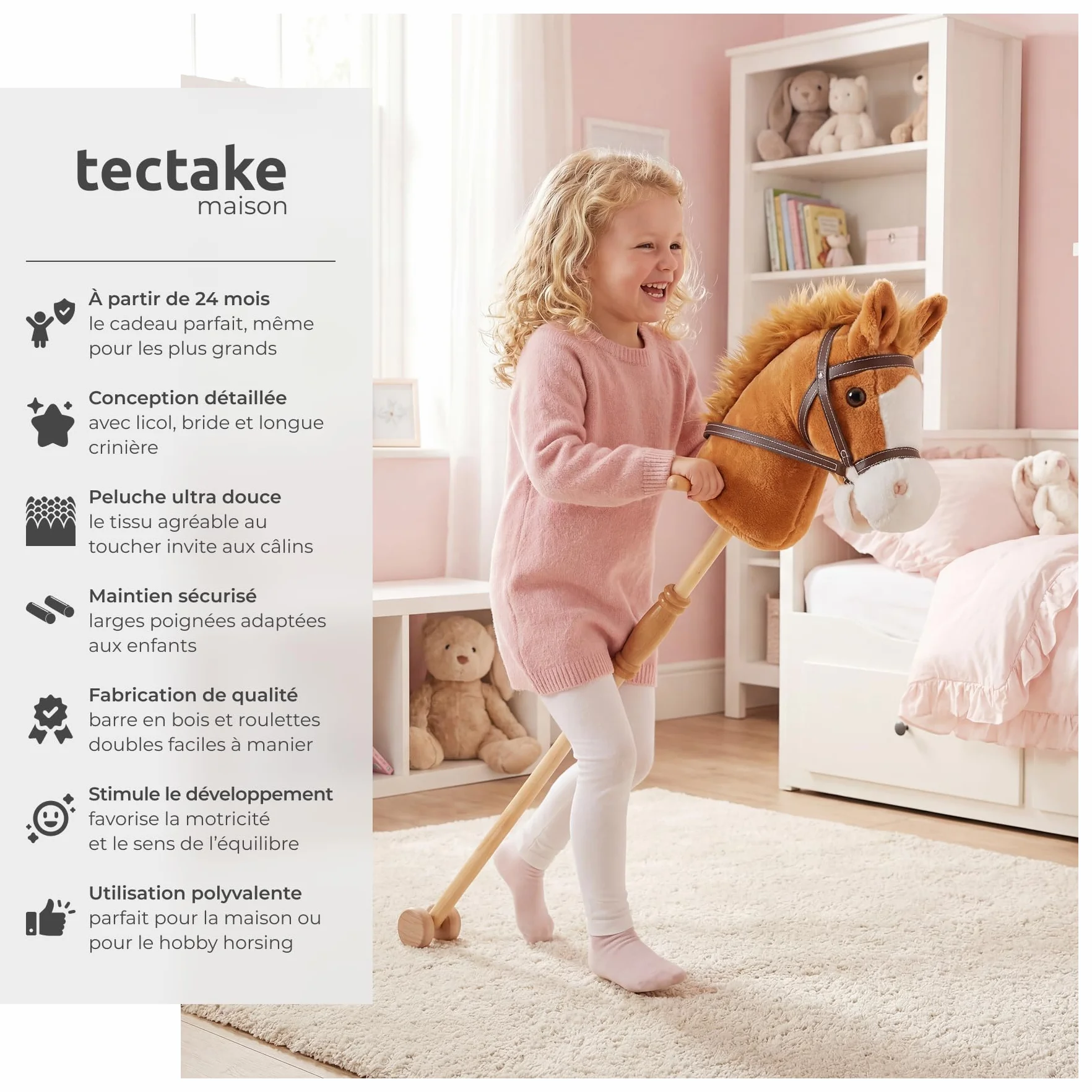 Tectake Hobby Horse 103 cm, Cheval Bâton à partir de 24 Mois, Poignées Latérales et Roulettes, Peluche Douce