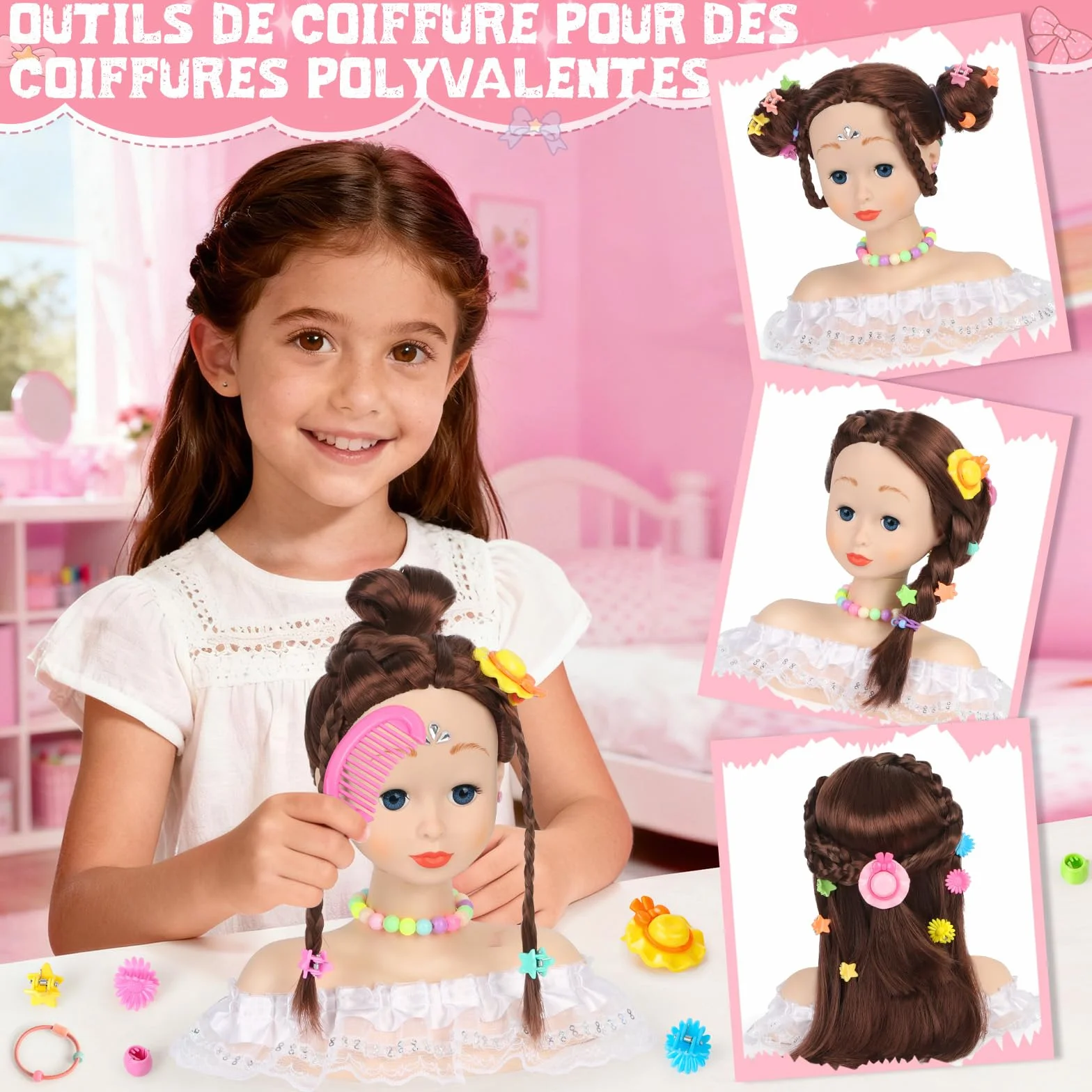 Têtes à Coiffer Enfant 66 Pièces Jouet de Maquillage et de Coiffure Cadeau Anniversaire Noël 3 Ans