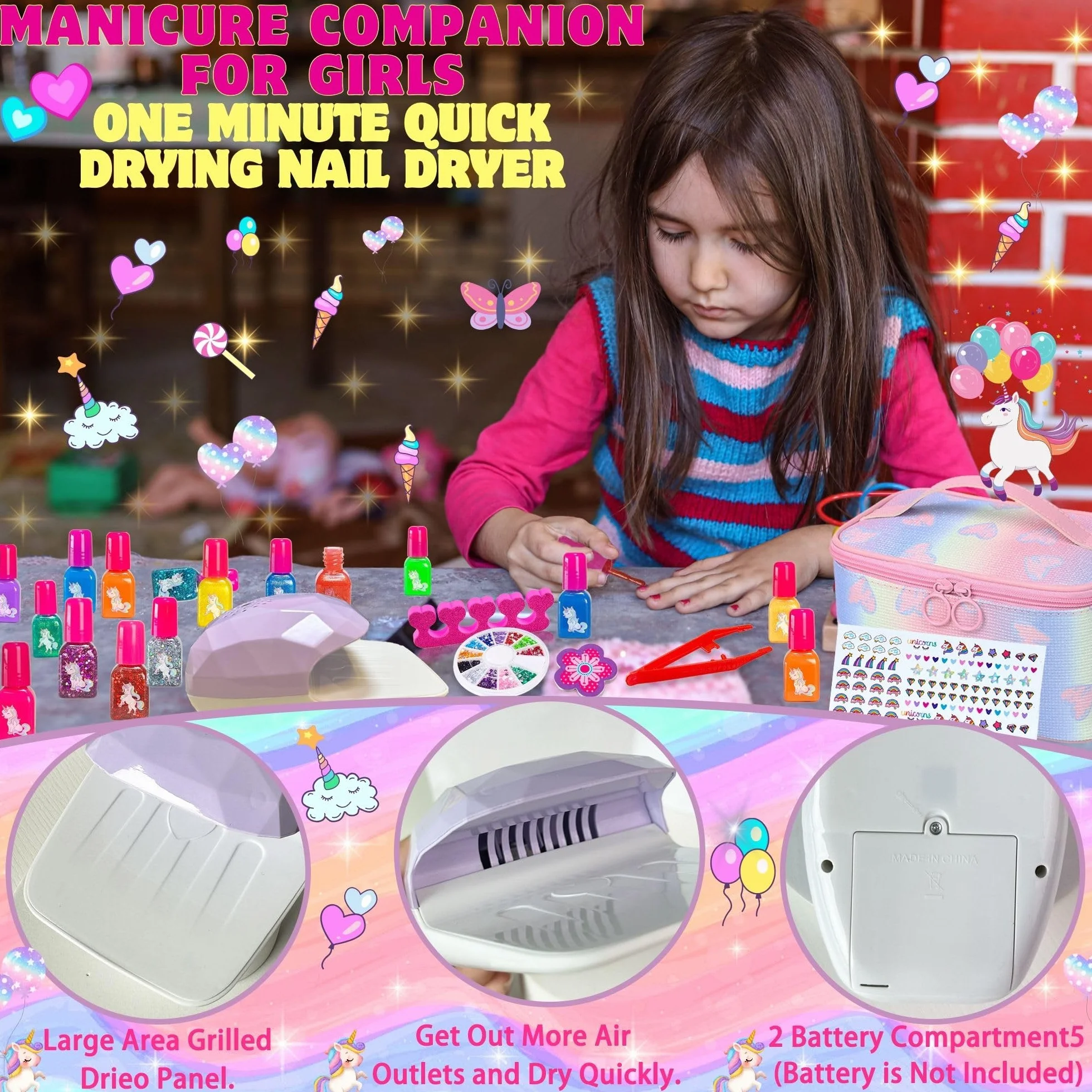 Kit Manucure Enfant Fille Vernis à Ongles Non Toxique Pelable avec Séchoir à Ongles Trousse de Maquillage Jouet Cadeau d'anniversaire 6-11 Ans