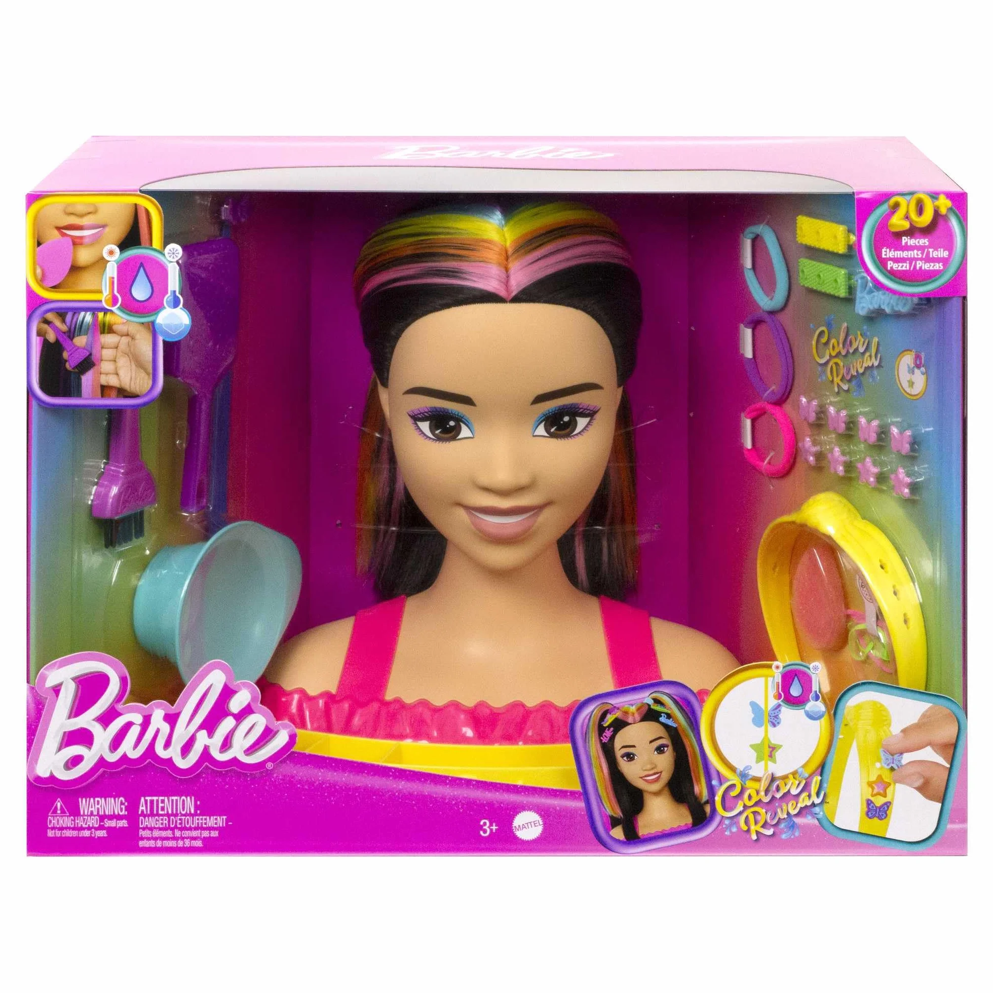 Barbie Tête À Coiffer Ultra Chevelure Cheveux Noirs Lisses Mèches Arc-en-Ciel 22 Accessoires Color Reveal Jouet Enfant 3 Ans HMD81