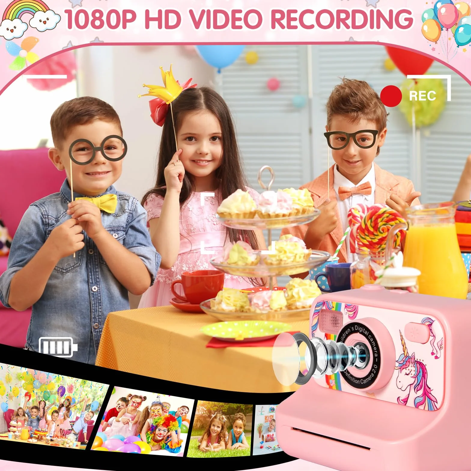 Appareil Photo Instantané Enfant 1080P Numérique avec Carte 32GB, 2.4 Pouces, Cadeau Filles Garçons 3-12 Ans