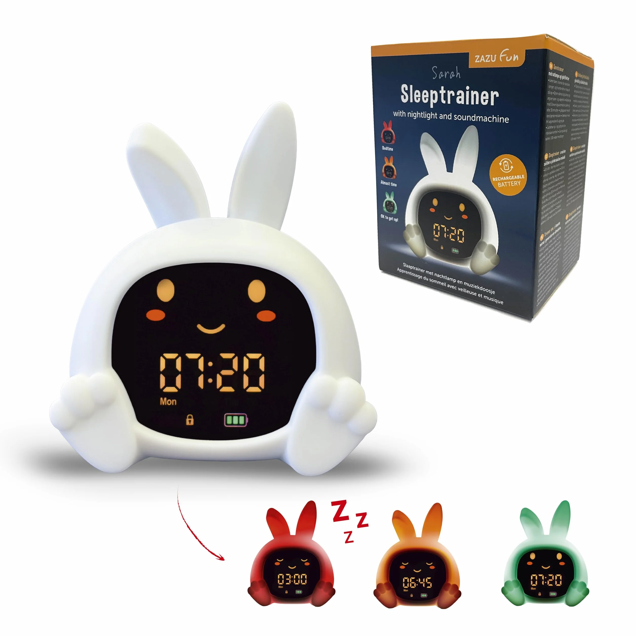 ZAZU Sarah Réveil Éducatif Enfant Rechargeable Veilleuse LED 5 Couleurs Machine à Sons Horloge Jour/Nuit USB