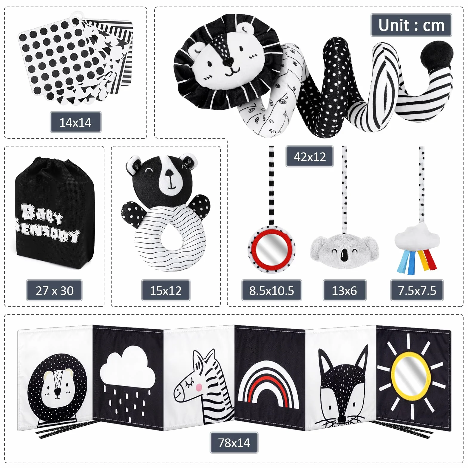 Joyreal Spirale d'Activité Bébé - Jouet Sensoriel Montessori Noir et Blanc pour Poussette Fille Garçon Cadeau Naissance