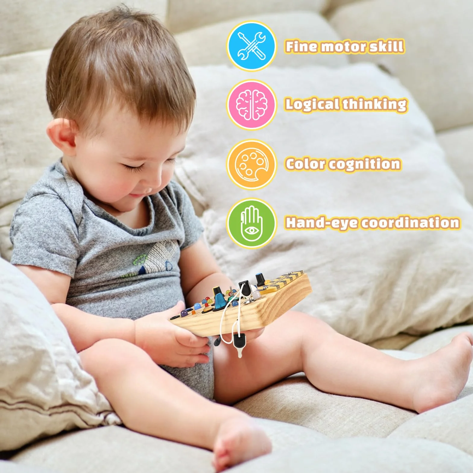 Joyreal Planche Busy Board Montessori en Bois avec 19 LED, Jouet Bebe 1 2 3 Ans, Tableau d'Activité Sensoriel